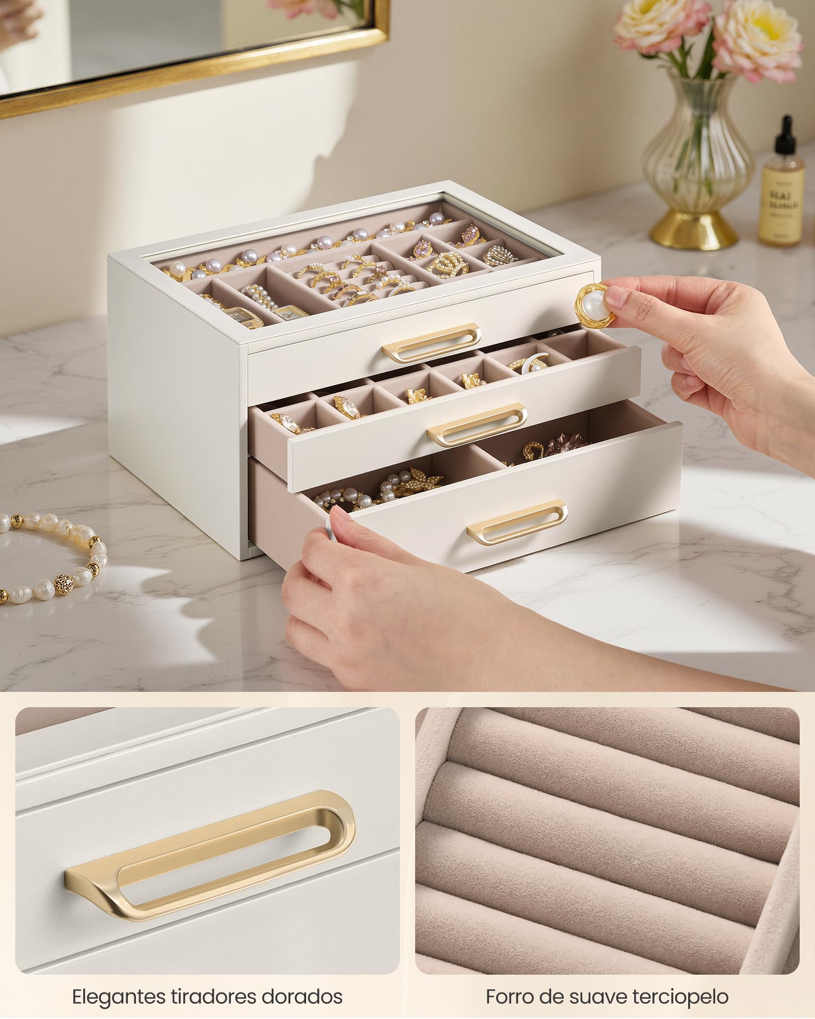 SONGMICS Caja de Joyas, Organizador de Joyería de 3 Niveles, con Ventana de Vidrio, 3 Cajones, Gran Capacidad, Tiradores Dorados, Idea de Regalo, 16 x 24 x 12,5 cm, Blanco Crema JBC206WD01