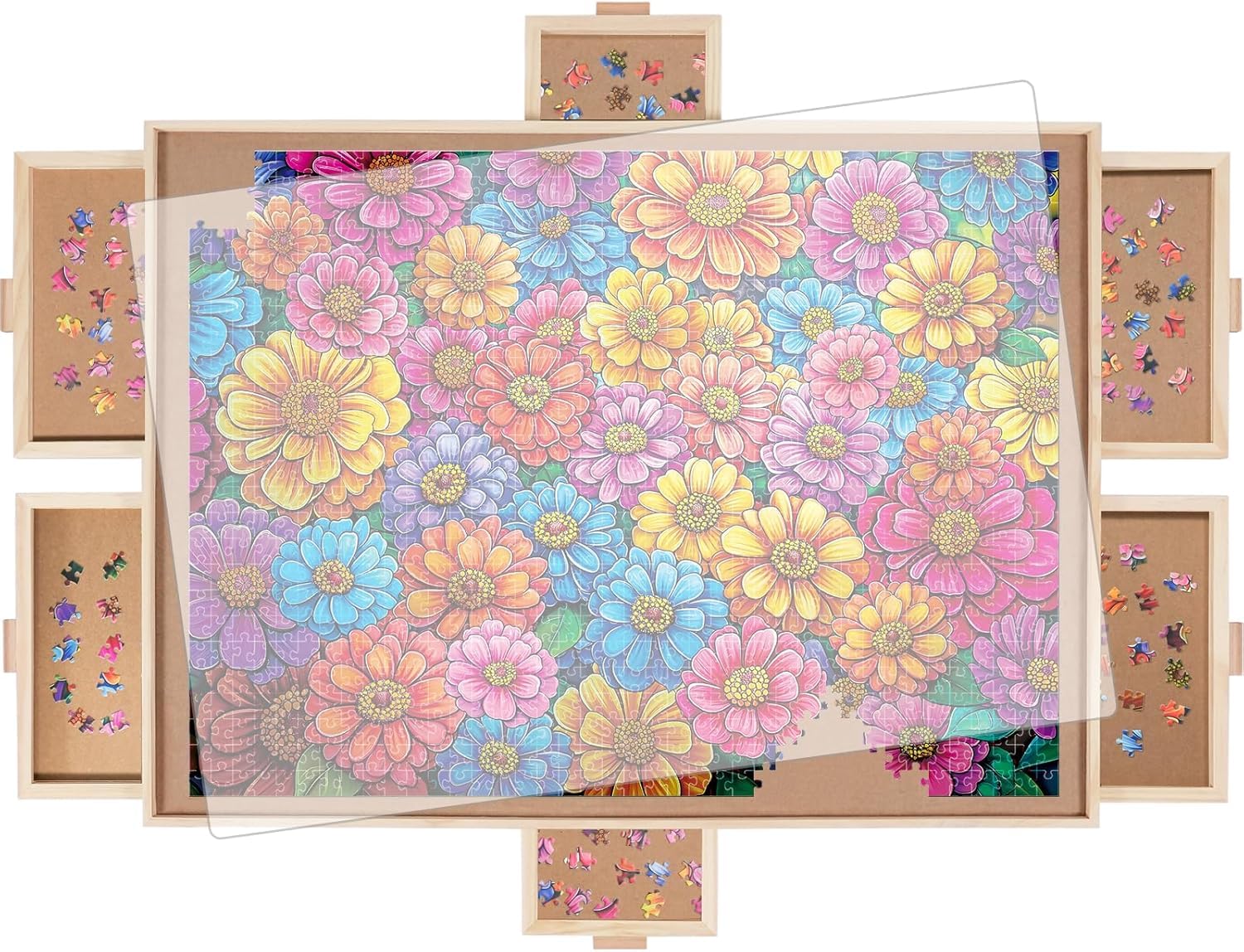 DIKASHI 1500 Pieces Rotating Puzzle Board with 6 Drawers, Lazy Susan & Transparent Cover, 34.2