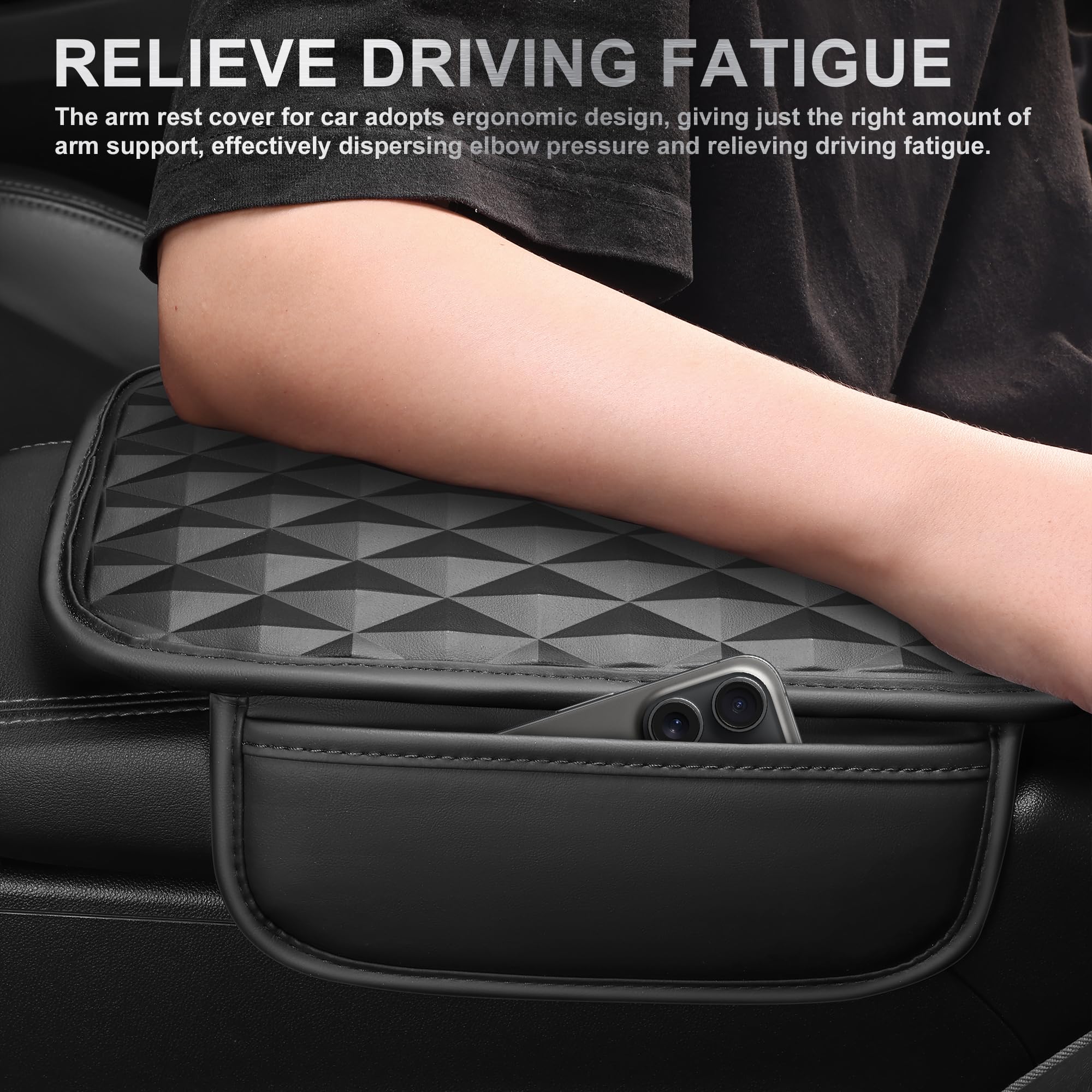 CAR PASS 3D Memory Foam Leather Car Steering Wheel Cover Set Comfortable Rhombus Leather Center Console Armrest Cushion — view 6