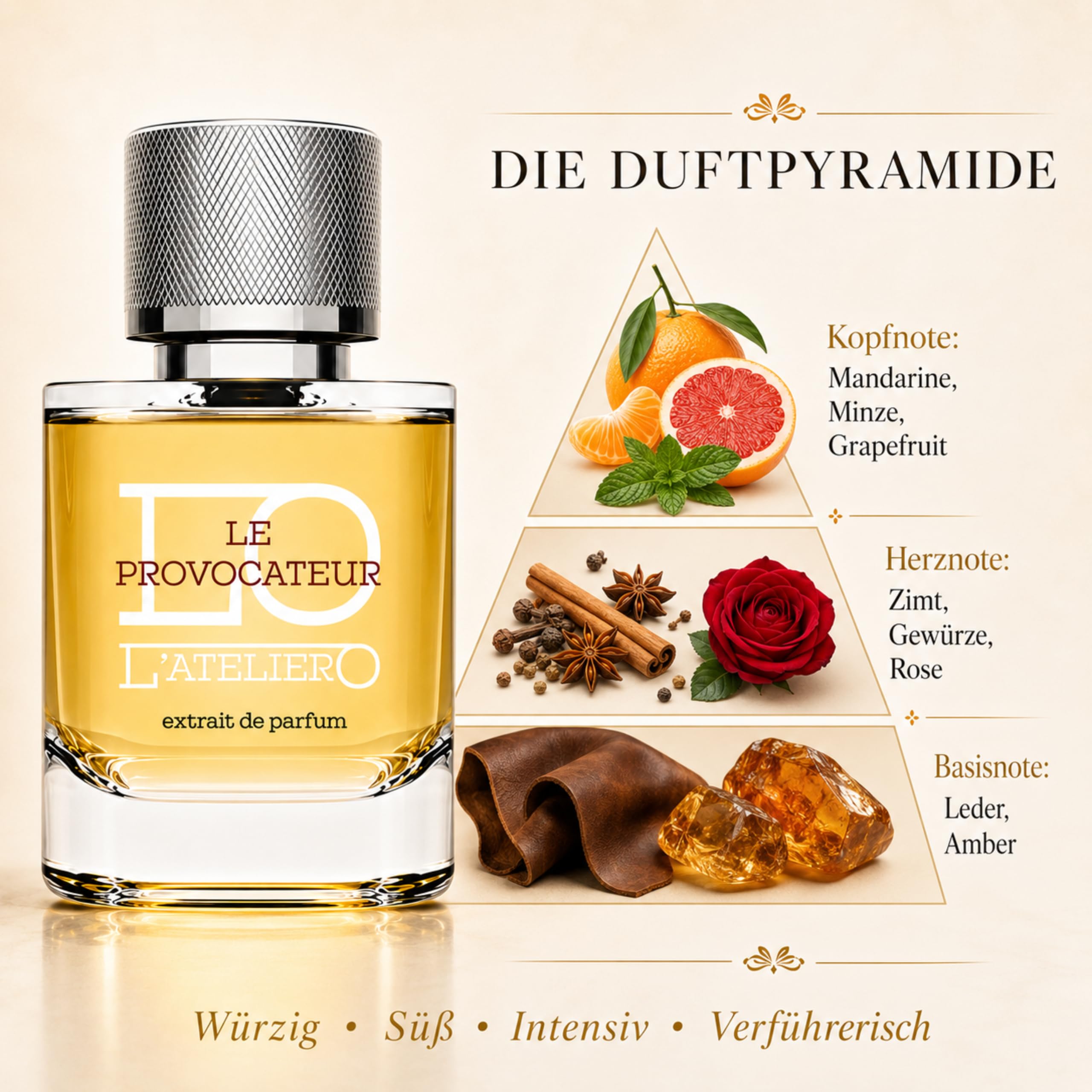 L'ATELIERO - LE PROVOCATEUR - Extrait de Parfum für Männer 50 ml | 25% Parfumöl mit Zimt, Leder und Amber, intensiv würzig süß, frisch und ganzjährig