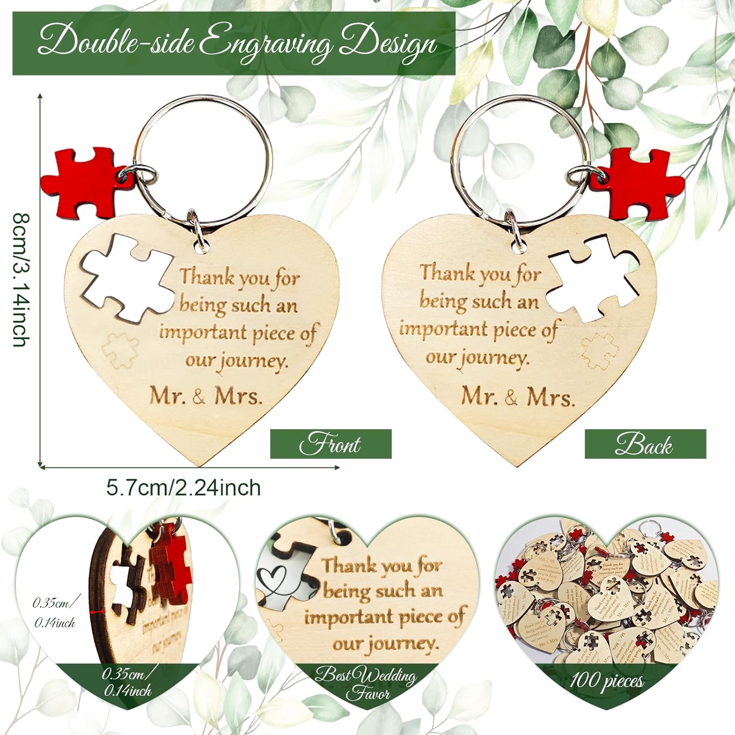 AerWo 100 Sets Wedding Favors for Guests, Wedding Party Favors with Wood Heart Puzzle Keychains Thank You Cards and Organza Bags, Rustic Weddings Gifts for Guests Souvenirs Thank You Gifts