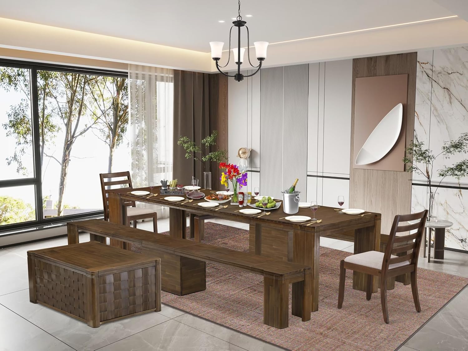 X02X1-2C8-04 6-Pc Kitchen Table Set includes an Extendable Kitchen Table, 1 Coffee Table, 2 Stackable Polyester Dining Chairs and 2 Benches, 39x120 Inch, Antique Walnut