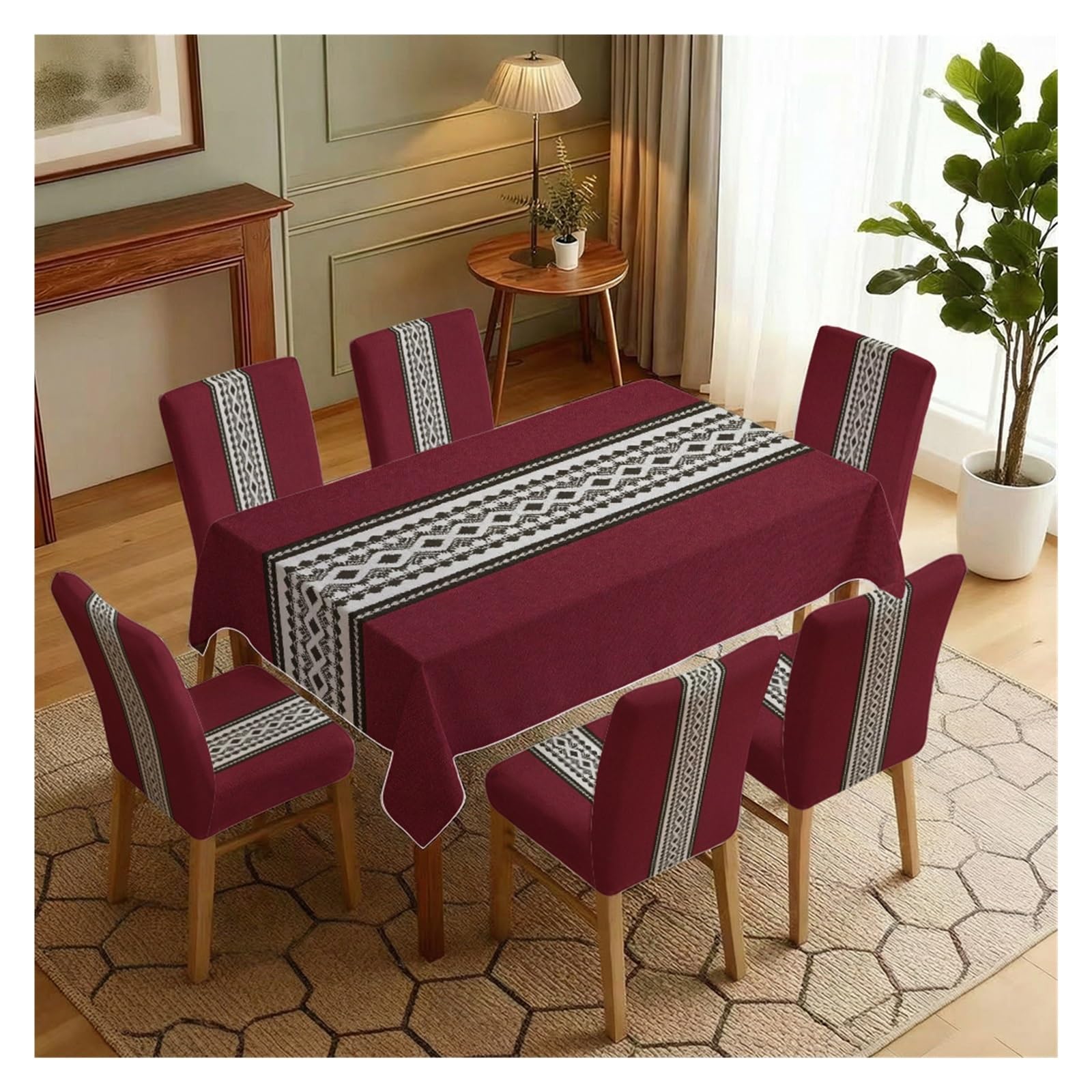 BOSUYBN Red Tribal Geometric Stripe Dining Tablecloth & Chair Covers Set, 5/7 Piece Modern Ethnic Home Decor Table Setting(7pcs Set: Tablecloth+Chair Covers)