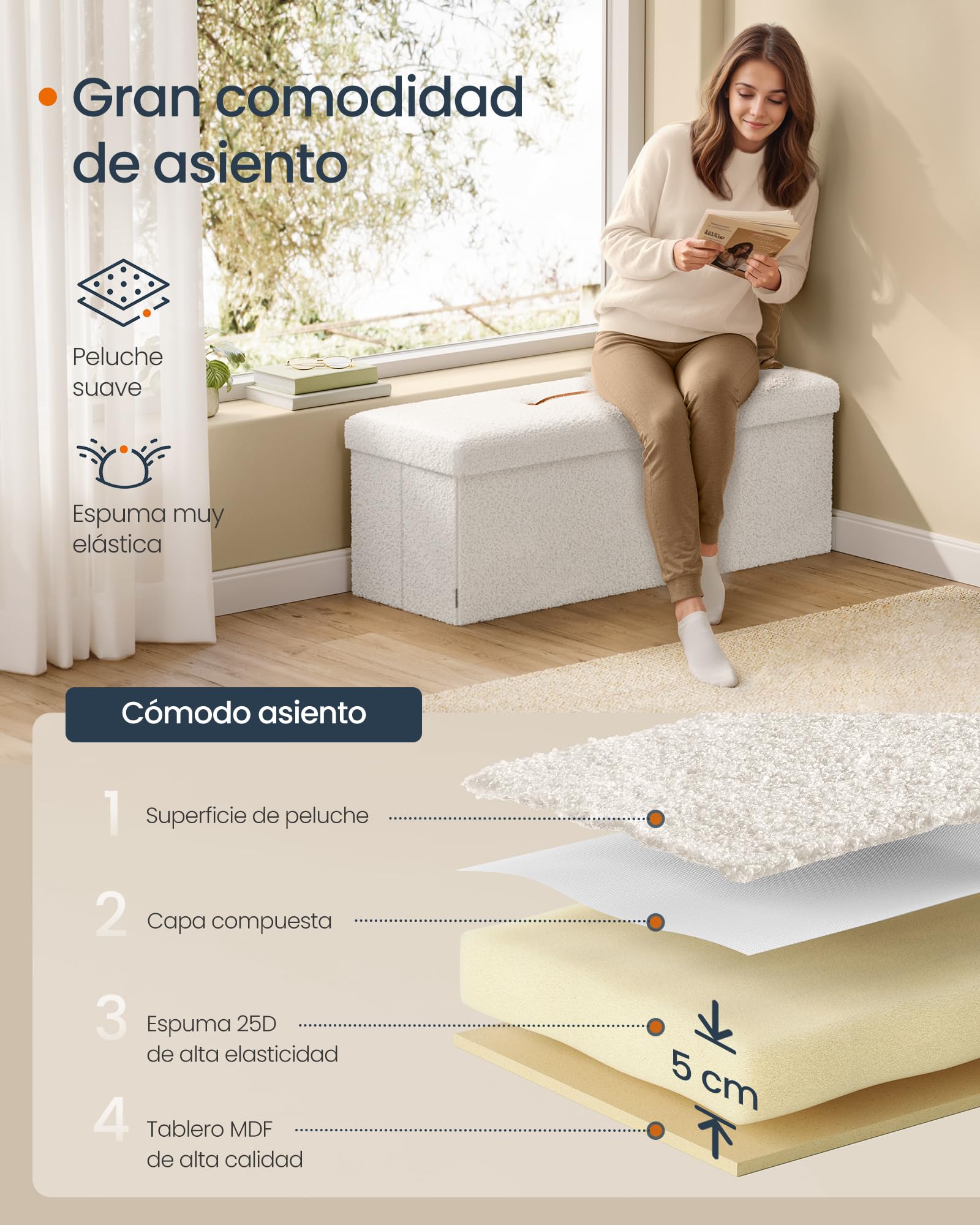 SONGMICS Puff Almacenaje, Baúl Plegable, 38 x 110 x 38 cm, Banco Almacenaje, Banco de Pie de Cama, Soporta hasta 300 kg, para Sala de Estar, Dormitorio, Entrada, Blanco Crema LSF097W01V1
