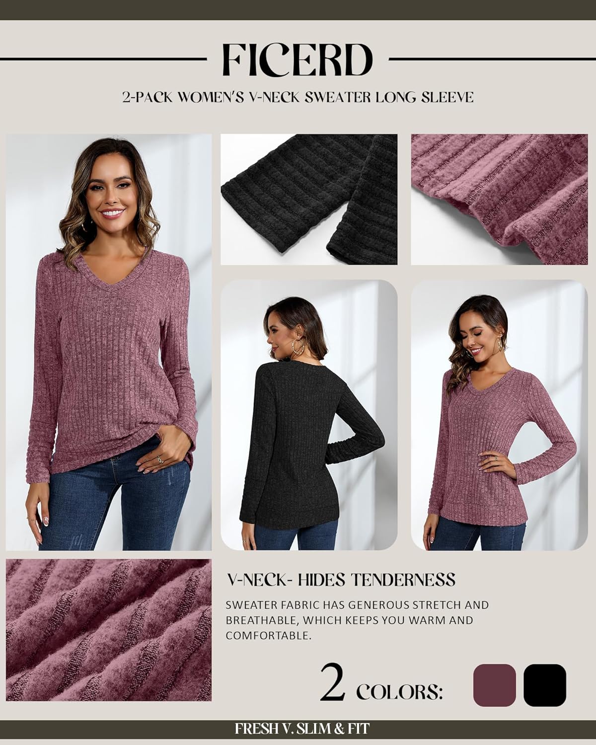 Ficerd 2 Pack Women V Neck Sweaters Long Sleeve Tunic Tops Lightweight Solid Color Casual Tunics Shirts - Image 5