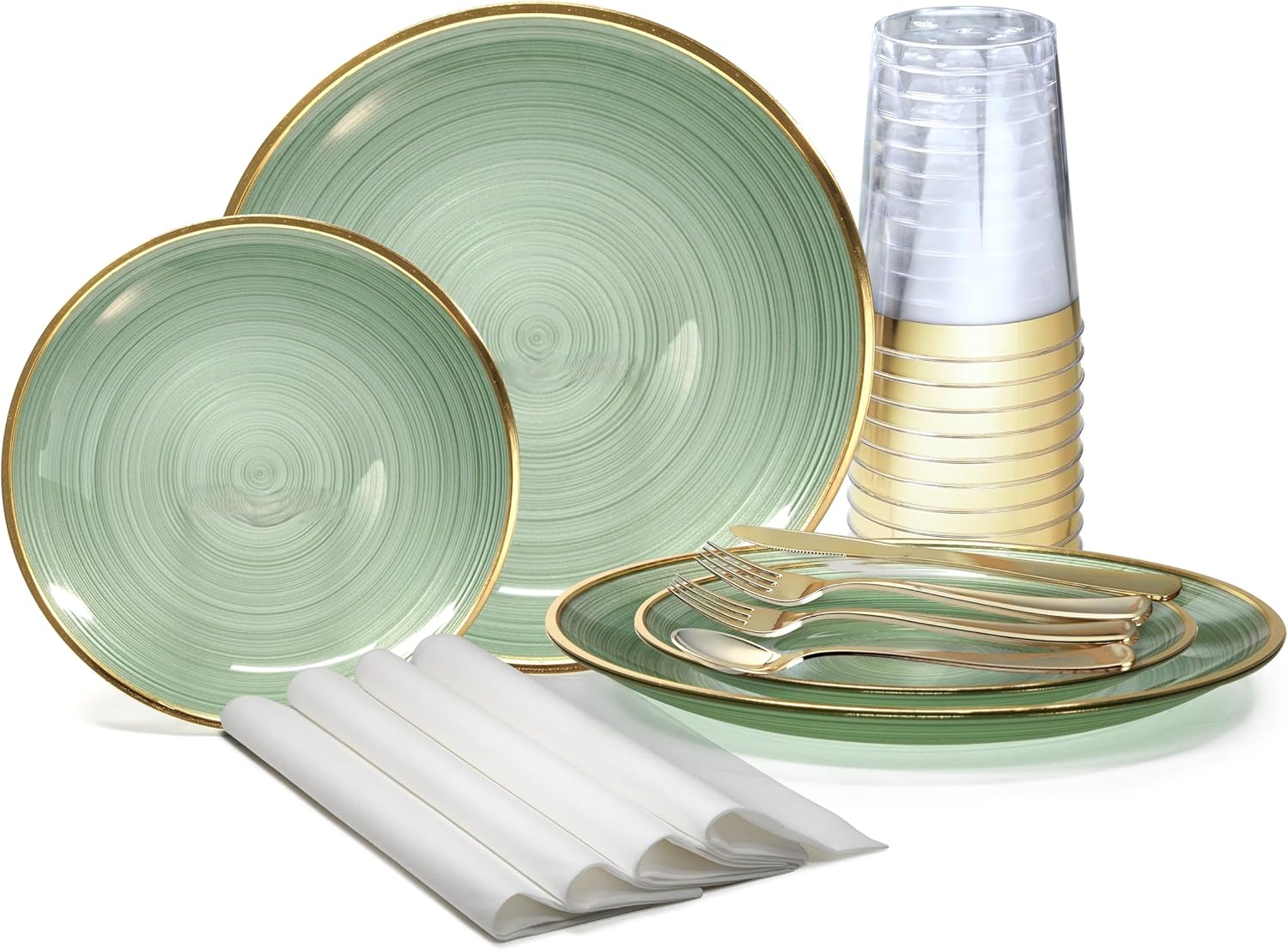 " OCCASIONS " 960pcs set (120 Guests)-Wedding Party Disposable Plastic Plate Set -120 x 10'' + 120 x 7'' + Silverware + Cups + Napkins (Belize in Green & Gold)