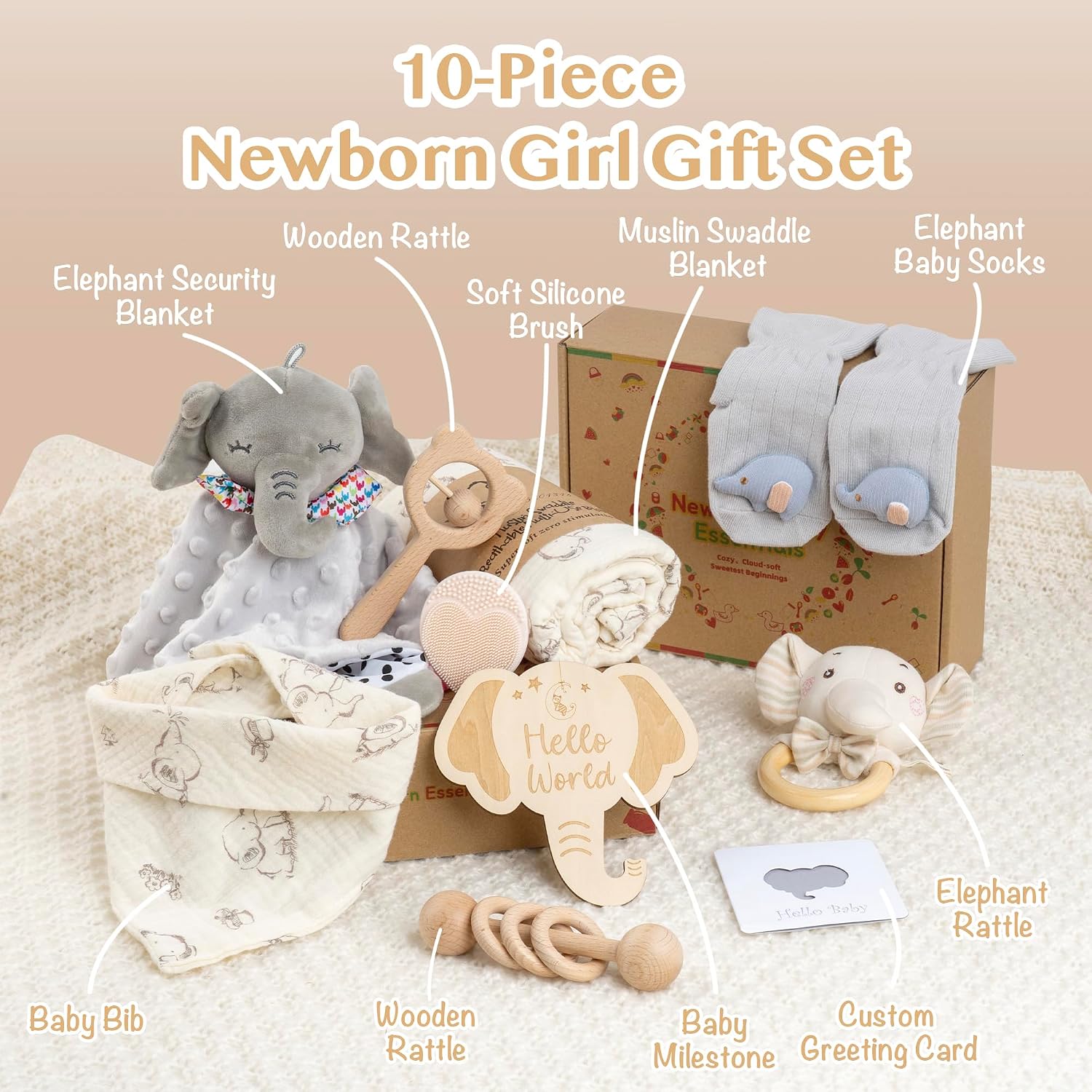 Elephant Baby Gift Set: Includes Elephant Swaddle Blanket, Security Blanket, Socks, Milestone Card, Silicone Brush, Greeting Card, and Box for Baby Shower