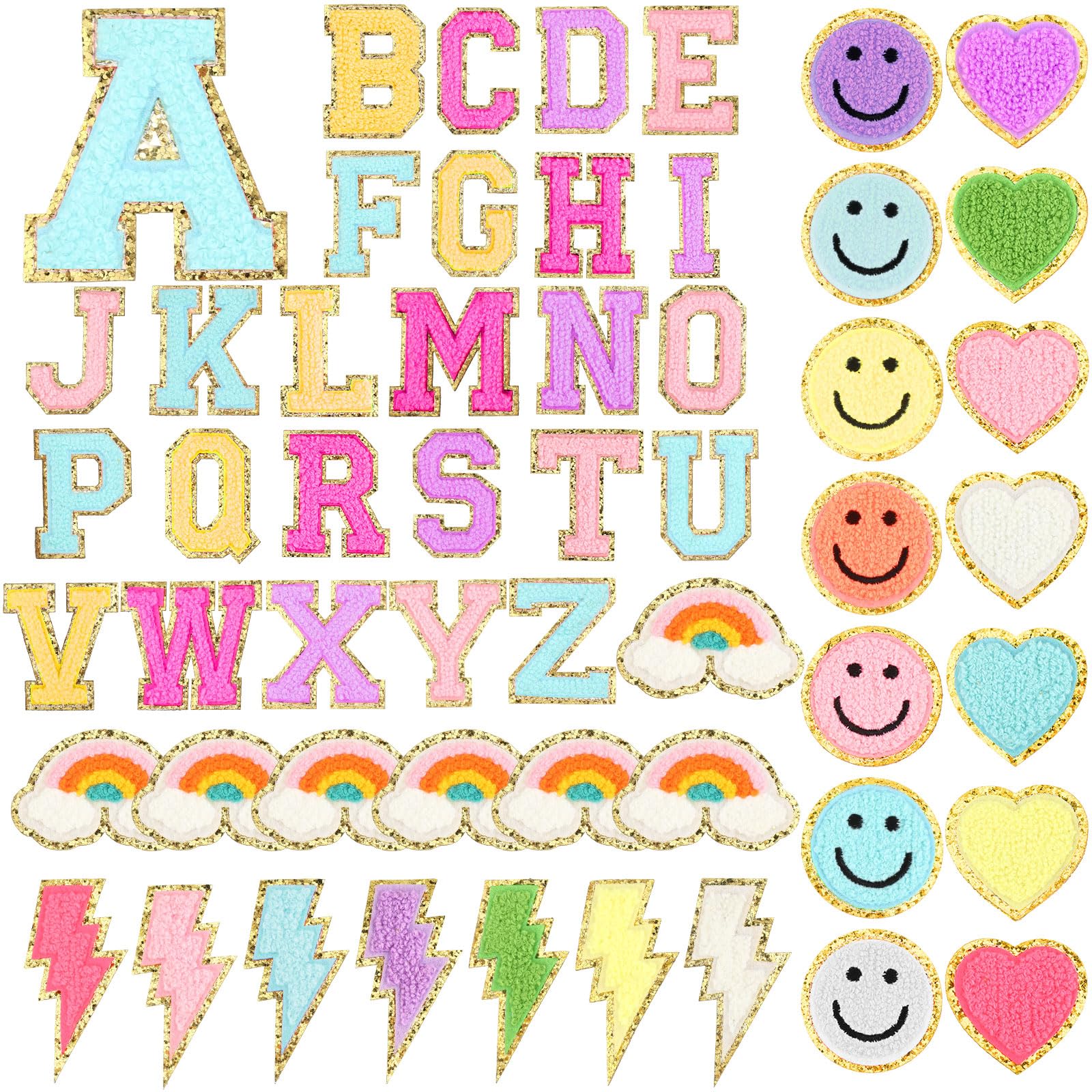 Geosar 54 Pcs Self Adhesive Chenille Letters Patches Glitter Rainbow Preppy Cute Sew Patches Letter Craft for Clothing Backpack Bag Back to School Gifts(2.17 Inch,Multicolored)