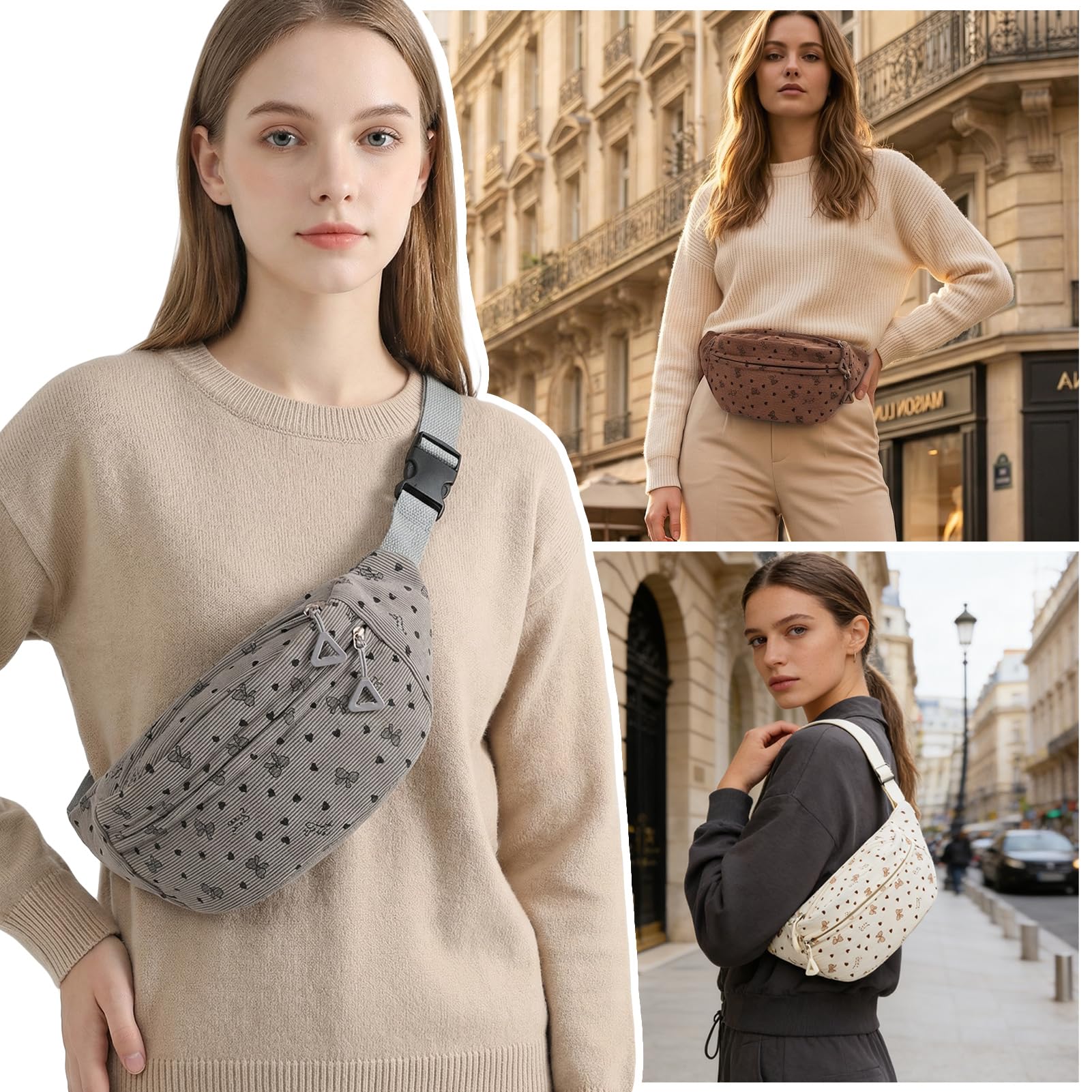Sac Banane Velours Côtelé Femme Sport Sac Ceinture Velours Côtelé Petit Sac Banane avec Imprimé Nœud Sac Bandoulière Femme pour Extérieur Sport Voyage Blanc