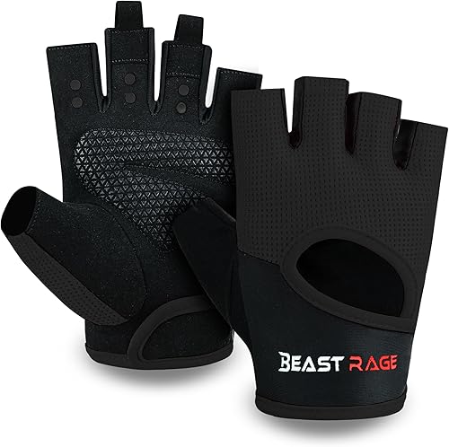 BEAST RAGE Guantes de entrenamiento para hombres y mujeres, guantes de gimnasio sin dedos con protección de la palma, transpirables y ligeros para