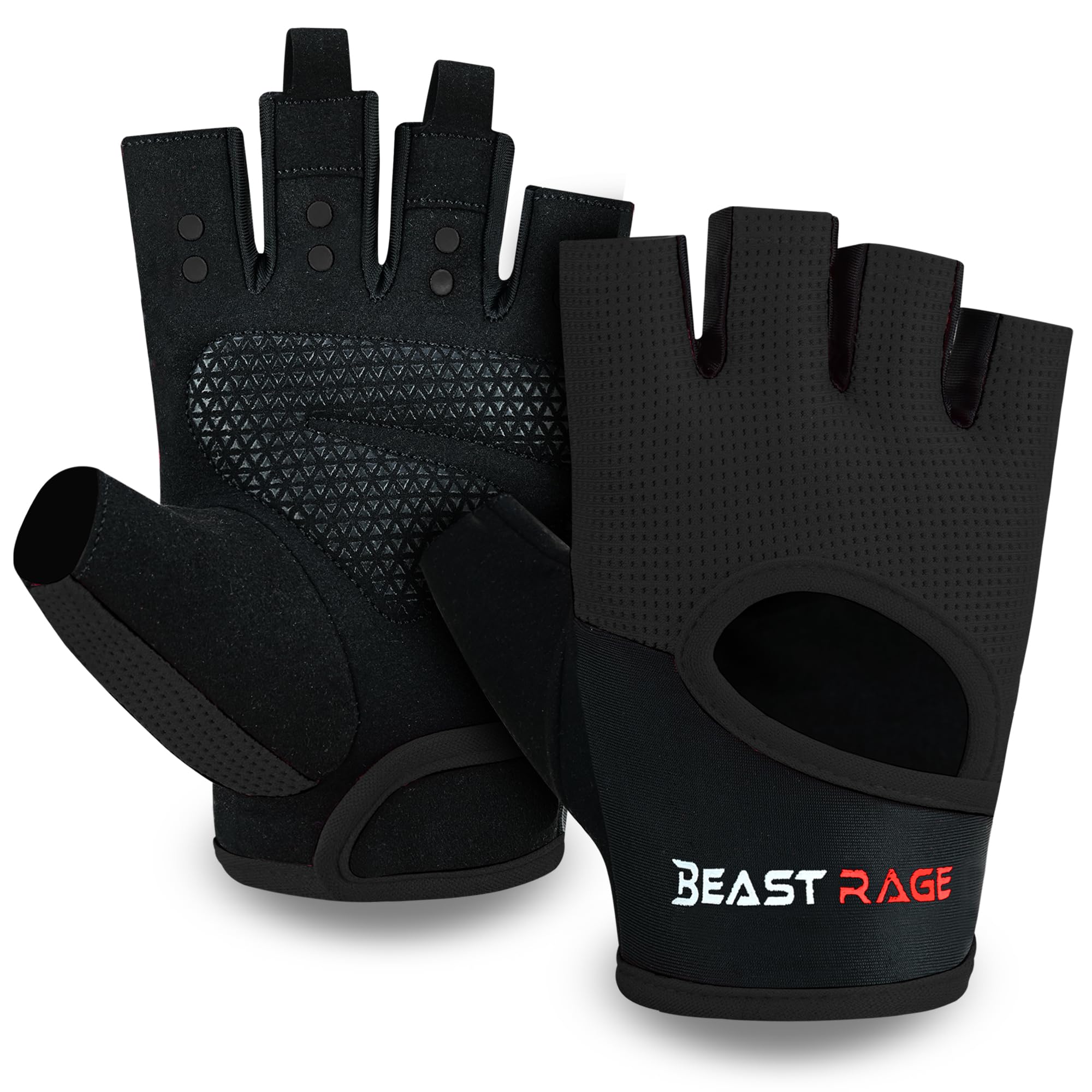 BEAST RAGE Workout Gloves for Men & Women - Fingerless Gym Gloves with Palm Protection, Breathable & Lightweight for Weightlifting, Cycling & Pull Up
