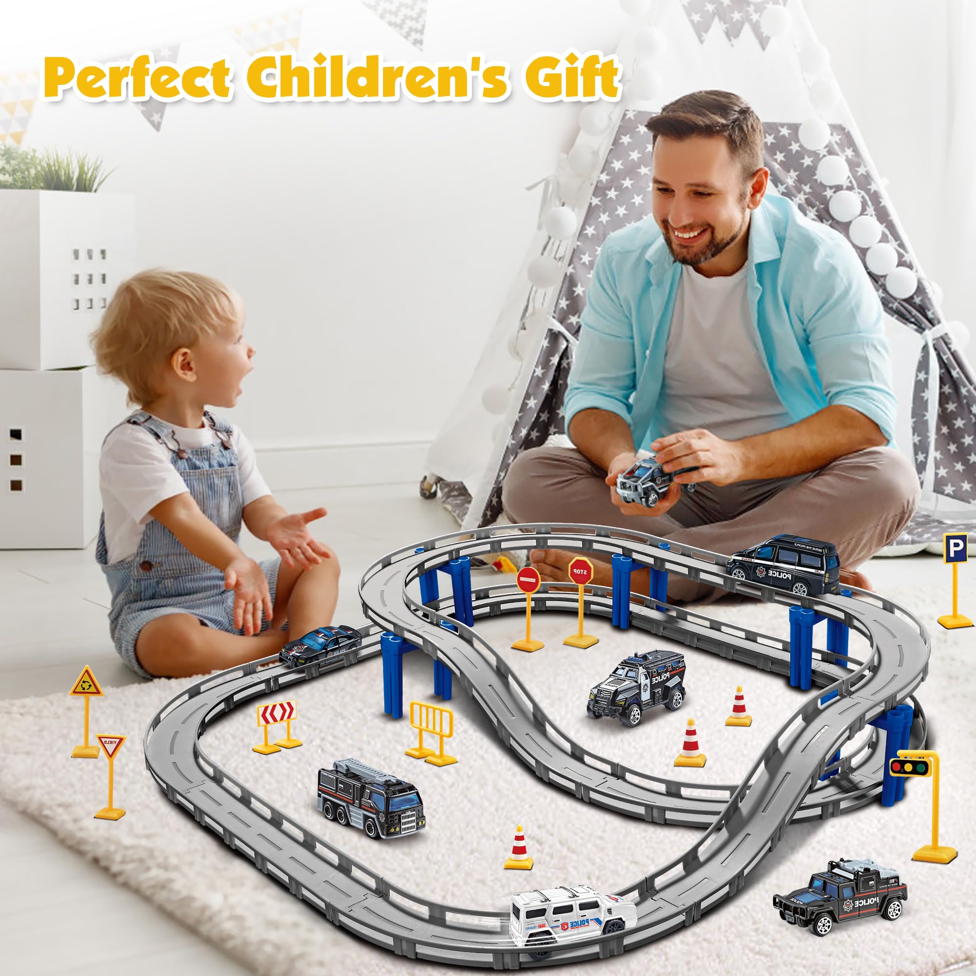 Train Électrique Enfant 66 Pièces Circuit Voiture Police Bleu - Jouet Piste Pour 3-8 Ans