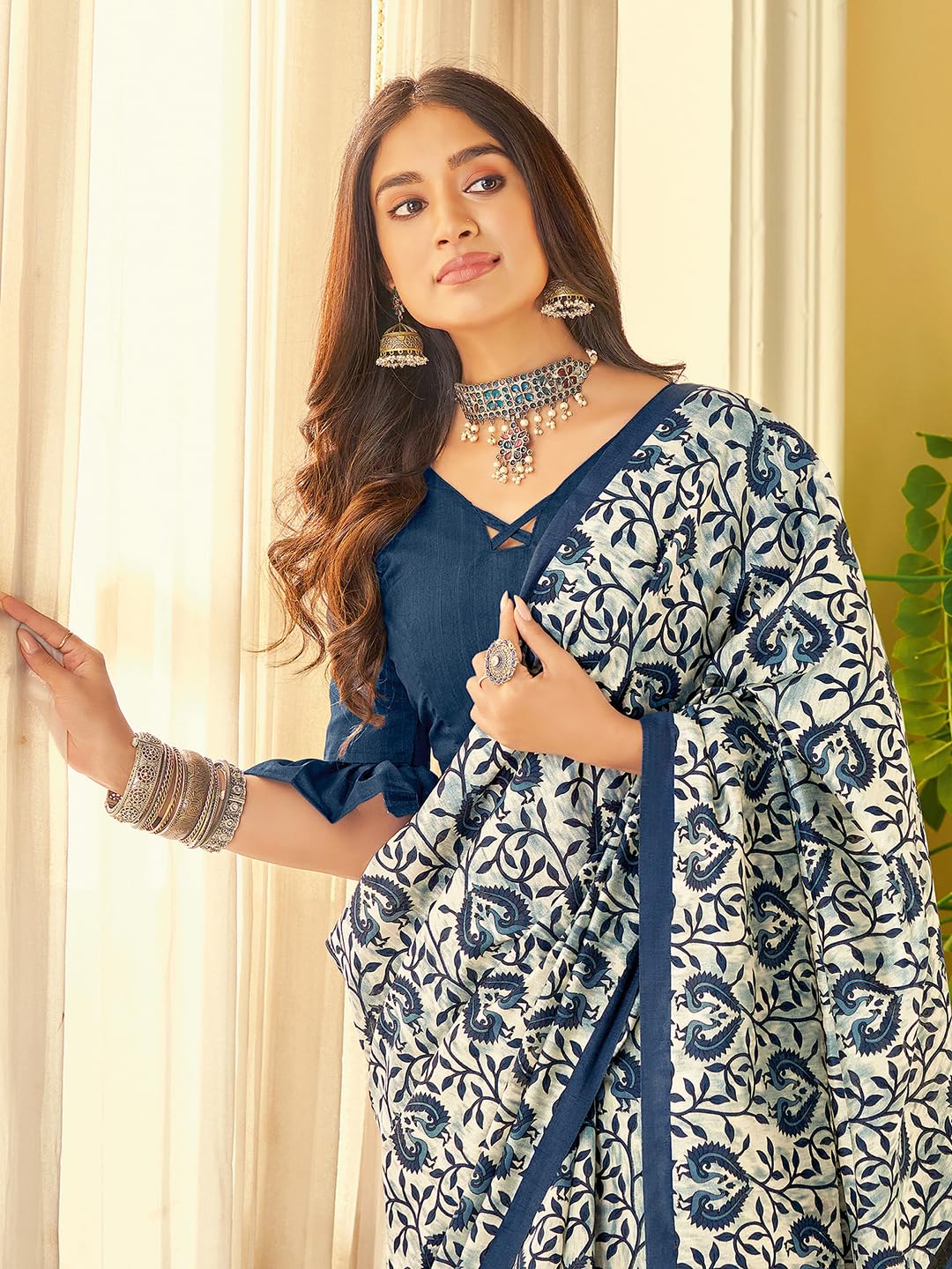 SAREE MALL Women's Bhagalpuri Silk Ethnic Motif Printed Saree With Unstitched Blouse Piece(Off White_21WOM21908_SM) 1