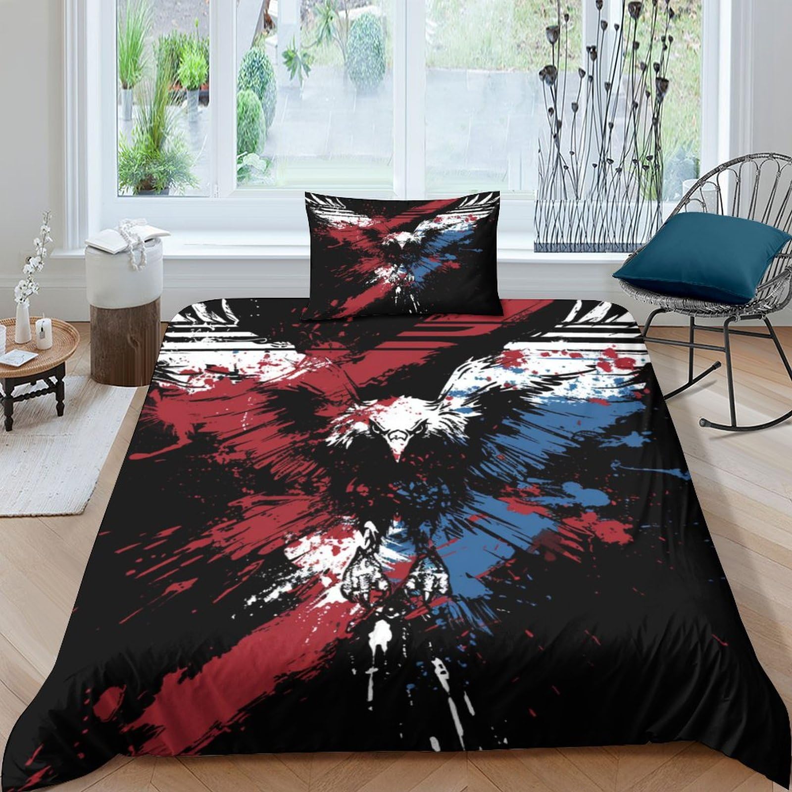 Housse de couette aigle 3D parure de lit simple microfibre respirante 135x200cm 3 pièces