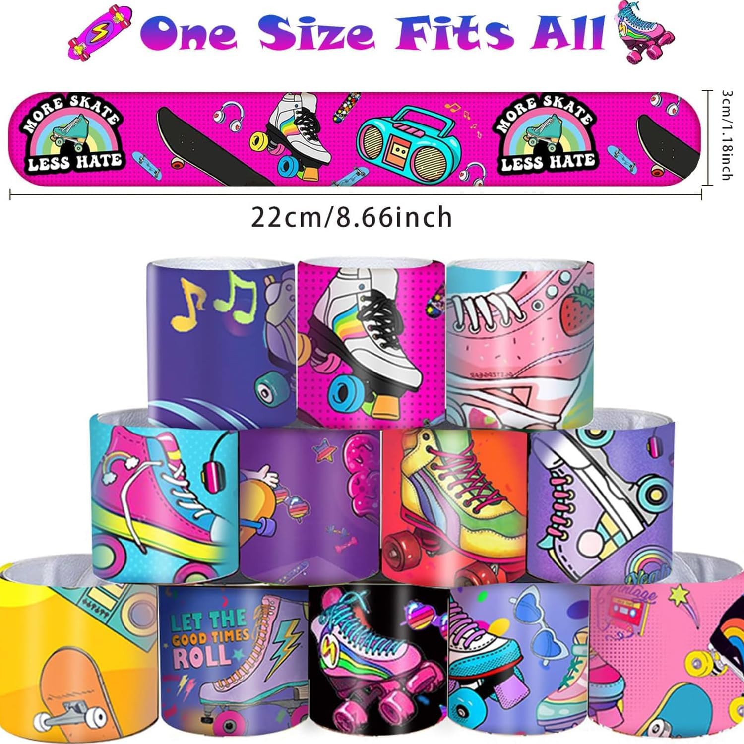 48PCS Roller Skate Party Favors - Slap Bracelets, Wristbands & Goodie Bag Fillers - Throwback 90s Roller Skating Hip Hop Birthday Decorations Supplies for Kids & Adults