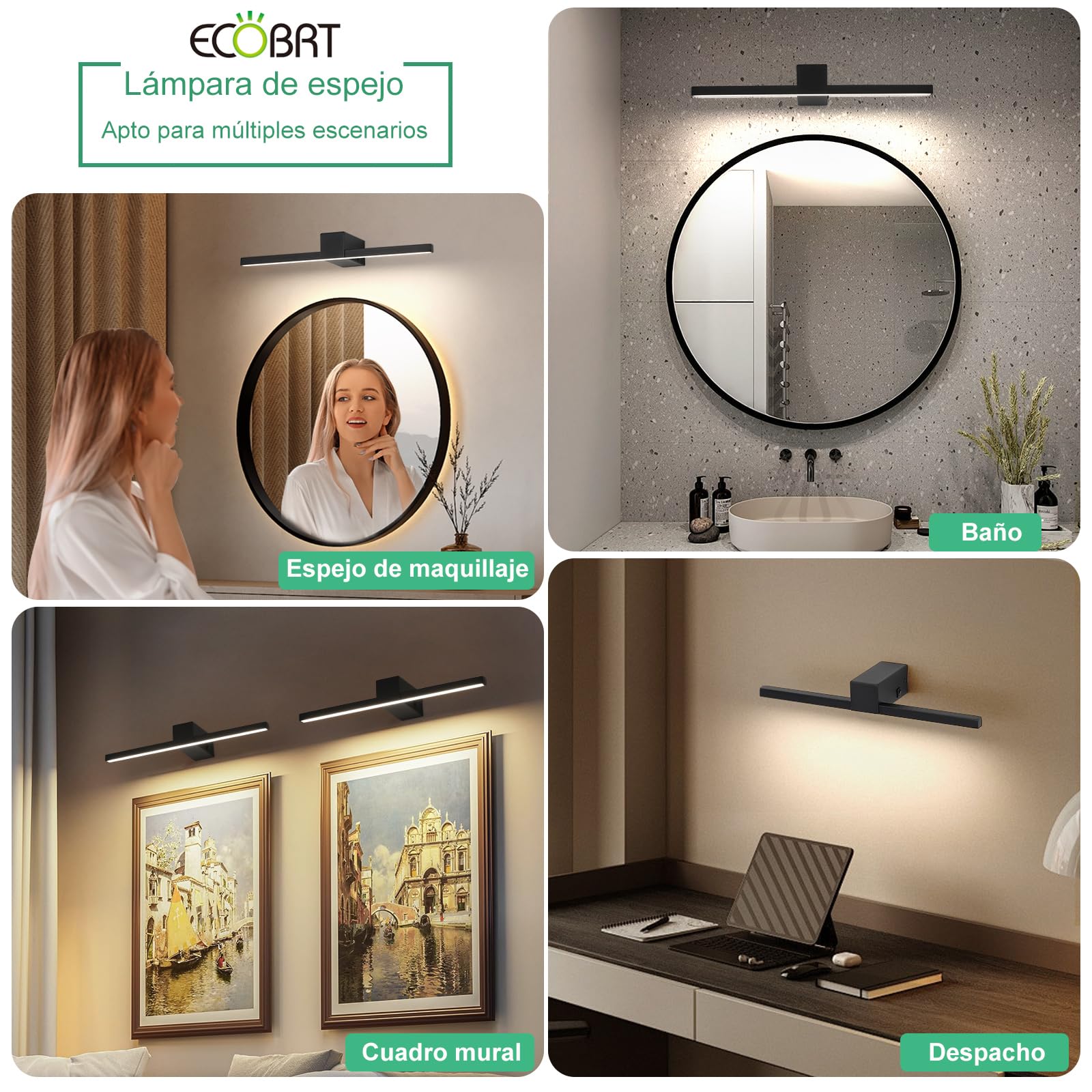 Lámpara de Espejo Baño LED 40CM 12W 960LM, Blanco Neutro 4000K Aplique Espejo Baño Moderno para Maquillaje IP20 (Negro)