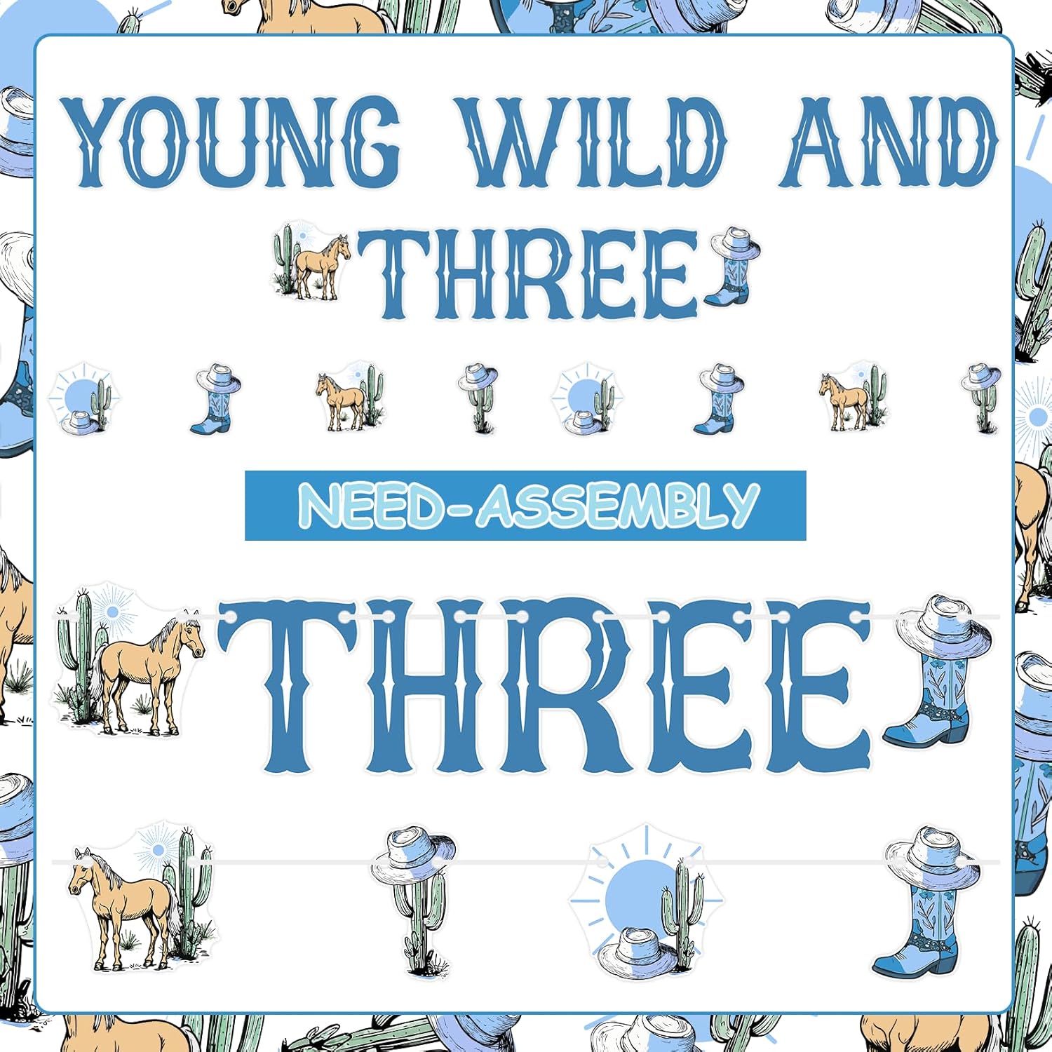 Young Wild and Three Birthday Banner Western Cowboy 3rd Birthday Backdrop Banner Blue Rodeo Cowboy Themed Garland Wild West Hanging Decor for 3 Years Old Boys 3rd Third Bday Party Supplies