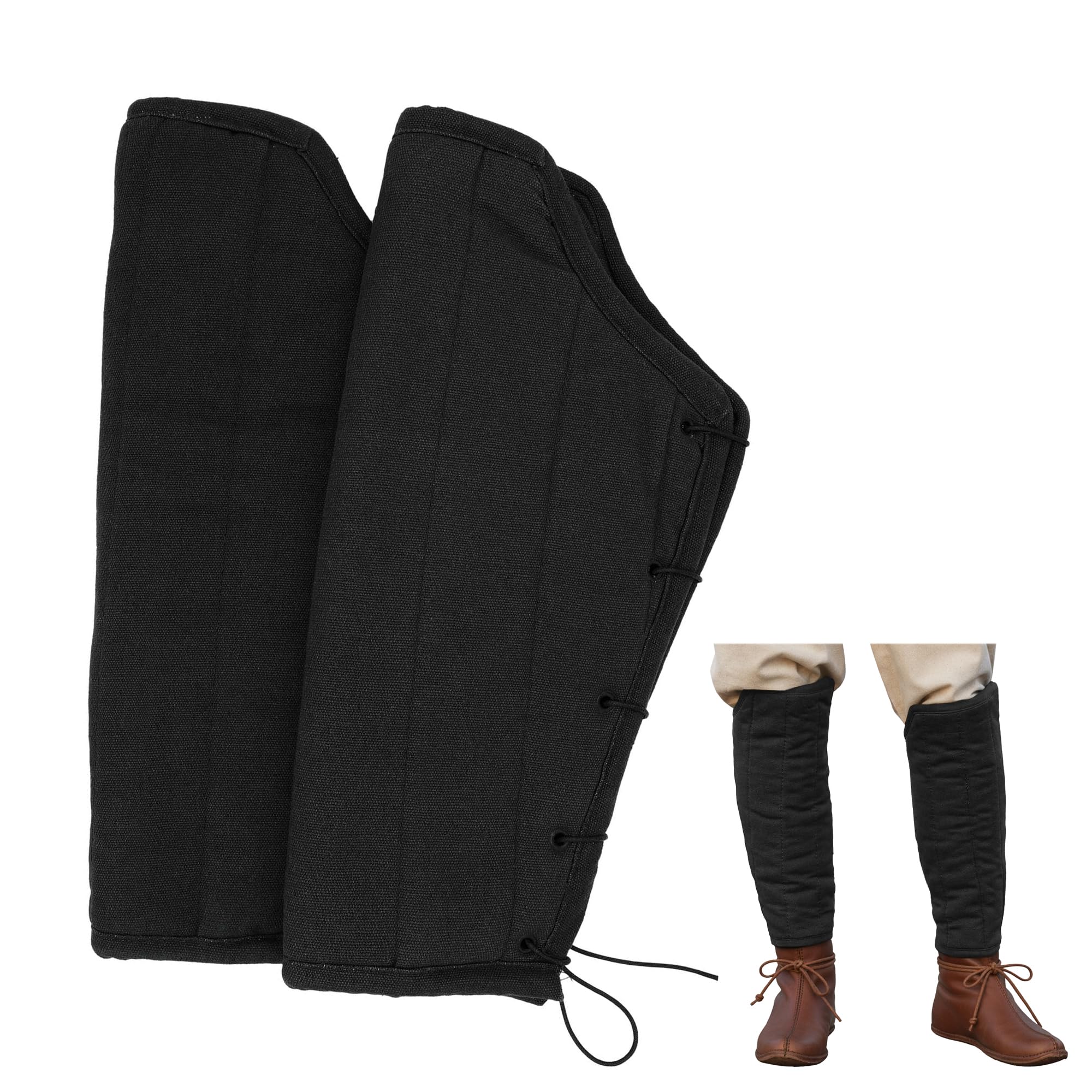 Lord Of Battles Unisex Black Medieval Padded Greaves Handmade Canvas Cotton Adjustable Fabric Cords Historical Padded Clothing