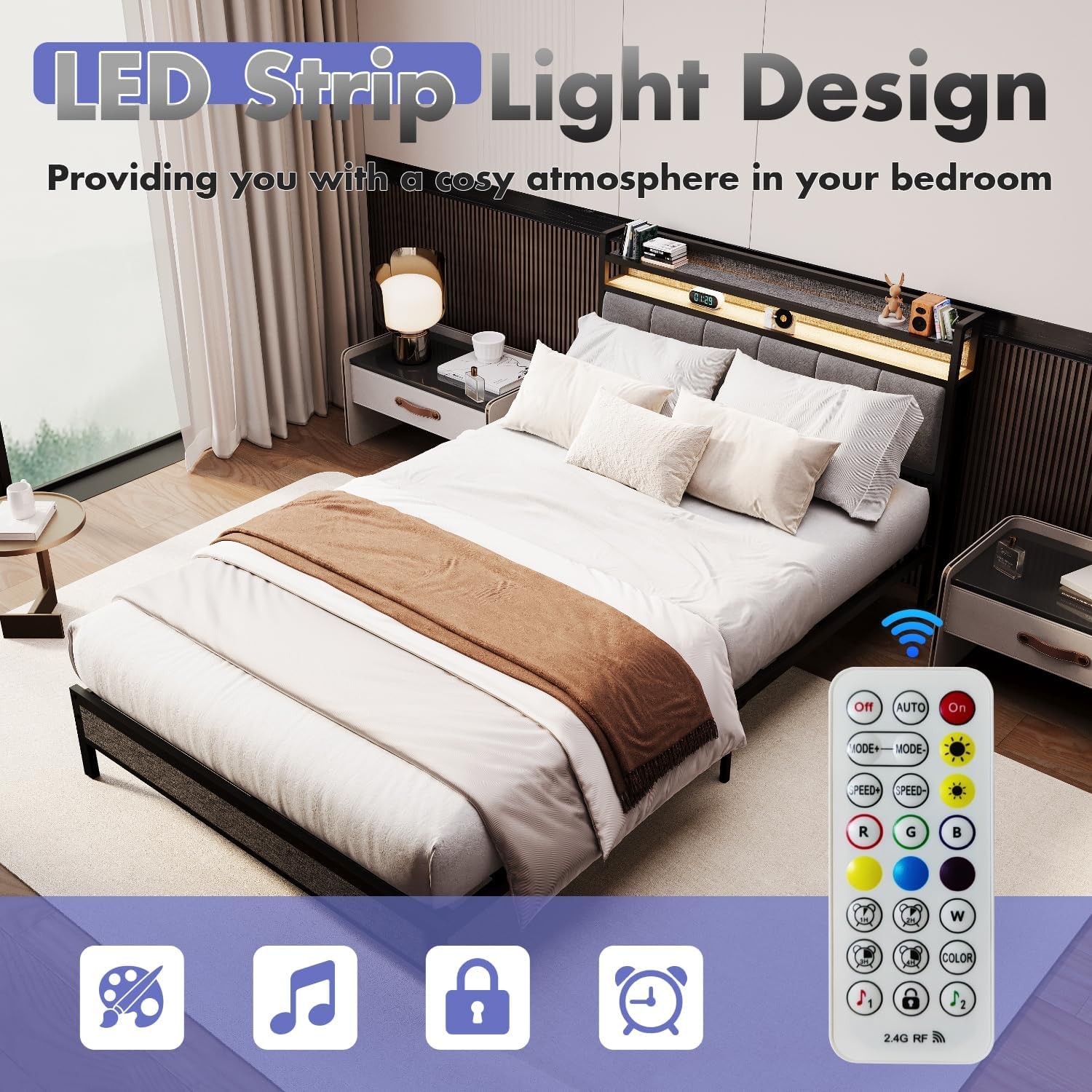 JUMMICO Metall-Bettrahmen 140 * 215 cm Bettgestell Doppelbett mit Kopfteil und LED-Beleuchtung, grau