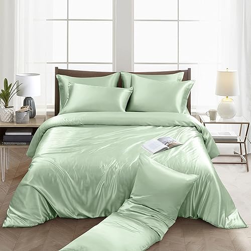 Ersmak Juego de funda de edredón de satén de 6 piezas, tamaño matrimonialqueen, de lujo, con 1 funda de edredón suave, 4 fundas de almohada Queen y