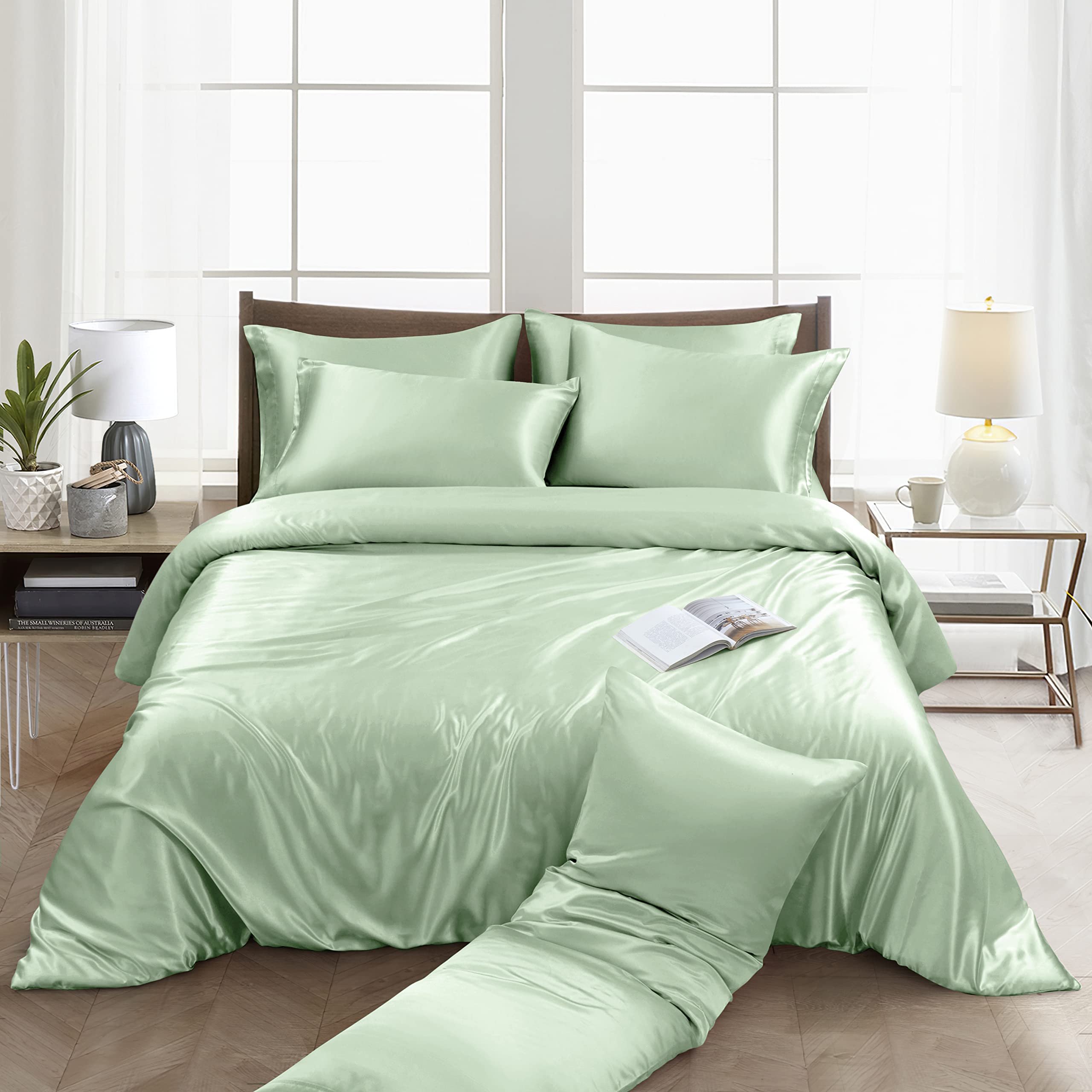 Ersmak 6 Pieces Satin Duvet Cover King Size Luxury Silky Bedding Duvet Cover Set with 1 Soft Duvet Cover, 4 King Pillowcases and 1 Body Pillowcase, Sage Green