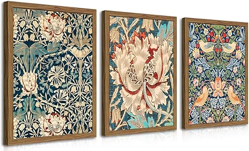 William Morris - Juego de 3 lienzos de pared con marco de madera, arte de pared con diseño floral botánico vintage, arte de granja, pósteres