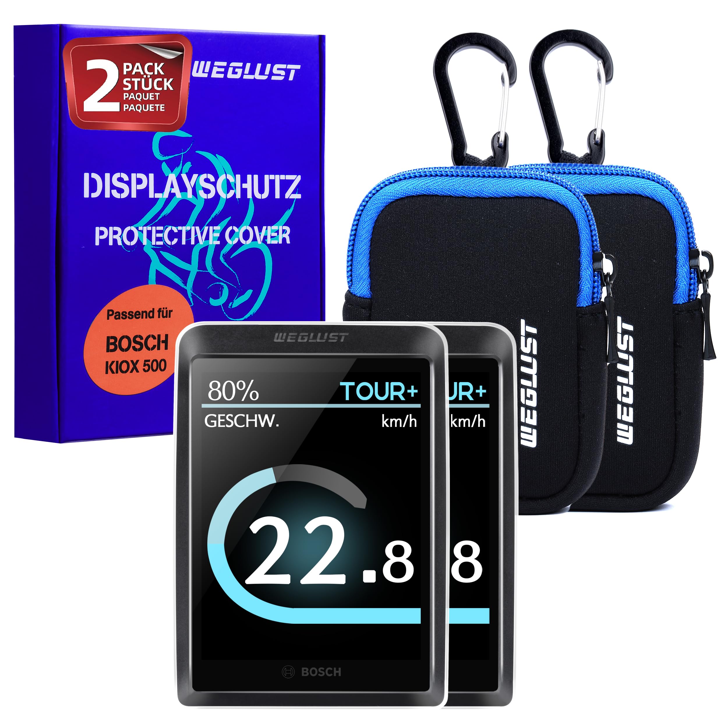 WEGLUST für Bosch Kiox 500 Display Schutzhülle + Neoprentasche | E-Bike Displayschutz | Transparent und wasserdicht | Stoß- und Kratzschutz (2er Set mit Neoprentasche)