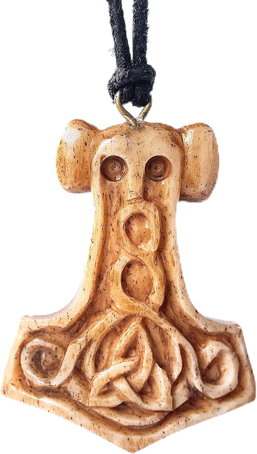 Norse Tradesman Viking Bone Pendant - Hard-Carved Norse Mythological Designs - Adjustable Black Leather Necklace