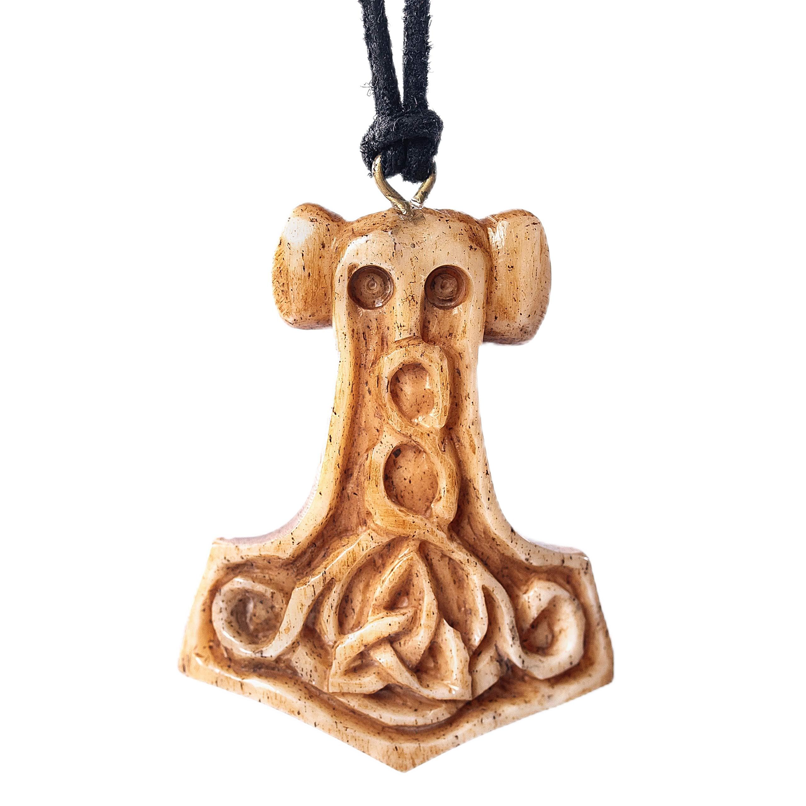Viking Bone Pendant - Hard-Carved Norse Mythological Designs - Adjustable Black Leather Necklace