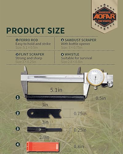 Miniatura 2 de AOFAR Arrancador de incendios, varillas de ferrocerio AF-376 (Ferro), kit de inicio de incendios con dos herramientas múltiples, silbato de