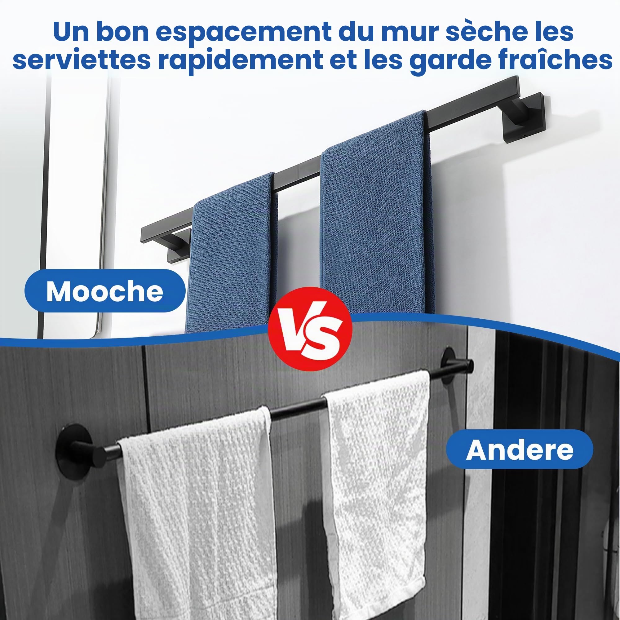 Mooche Porte Serviette Salle de Bain, Longueur 70 CM, Barre Serviette Salle de Bain en SUS304 Acier Inoxydable, Porte Serviette Murale à Cuisine ou Douche, Noir