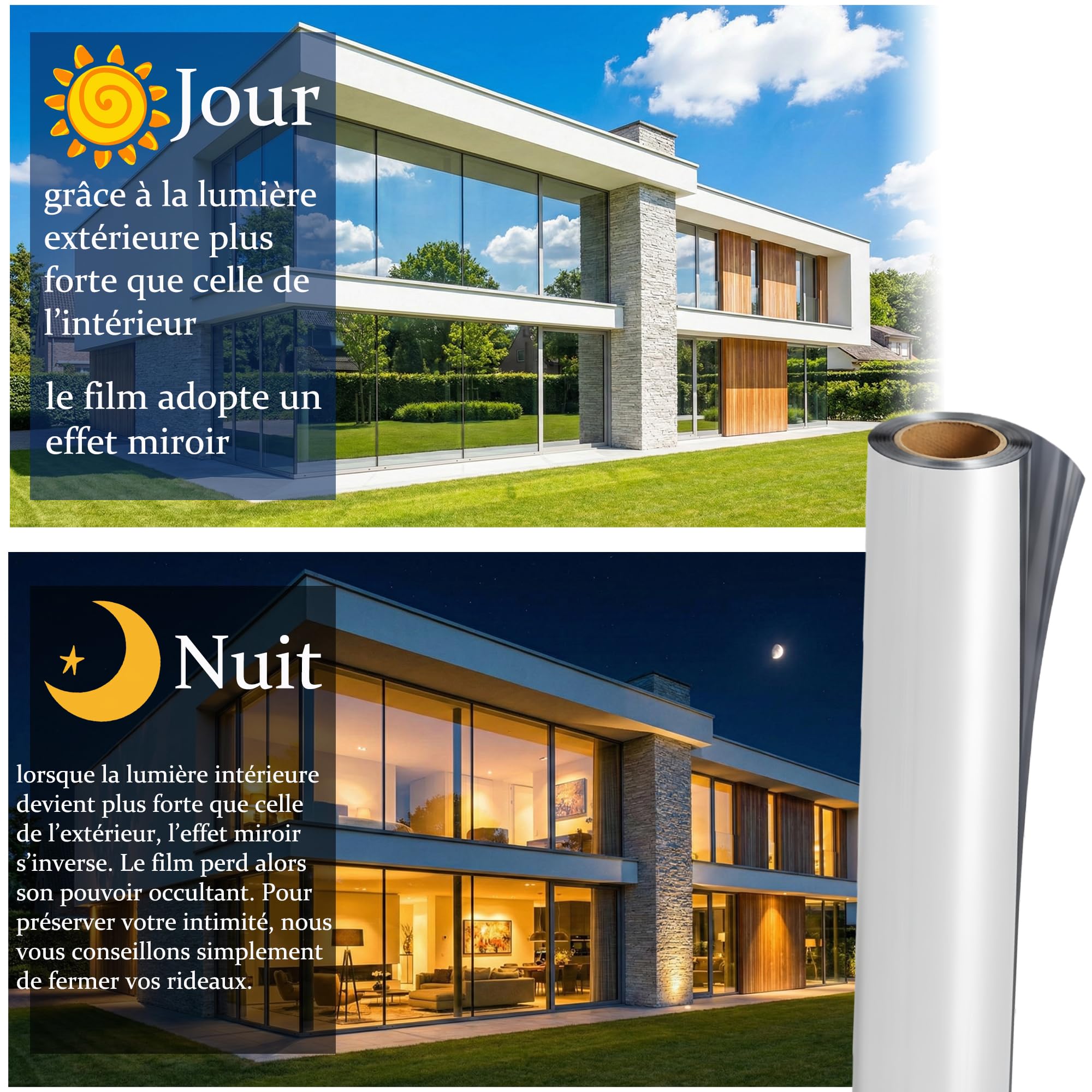 Film Fenetre Anti Regard Anti Chaleur Occultant sans Tain Anti UV Miroir 40x200cm Argent