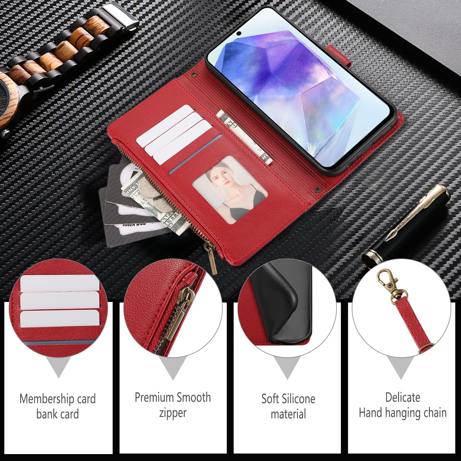 Étui Portefeuille Pour IPhone 17 Avec Motif Fleur - Cuir PU, Rabat Magnétique, Porte-cartes, Poche Zippée Et Dragonne, Rose