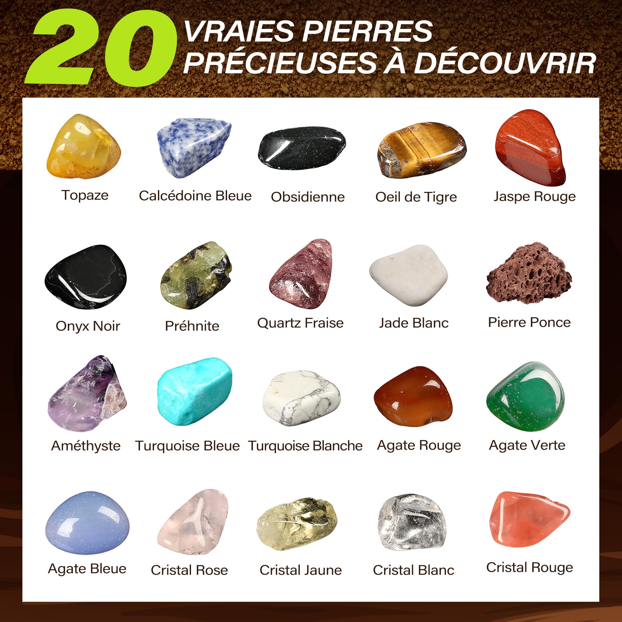 LotFancy Kit de Fouille de Pierres Précieuses - 20 Vraies Gemmes, Kit Scientifique pour Enfants 6-10 Ans, Cadeau Garçons Filles