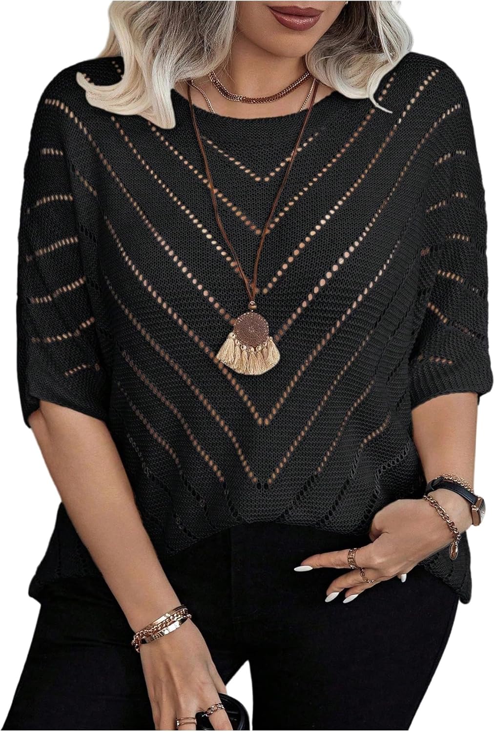 Women's Plus Size Crochet Sweater Hollow Out Lightweight Sweater Crew Neck Half Sleeve Summer Spring Autumn Knit Top