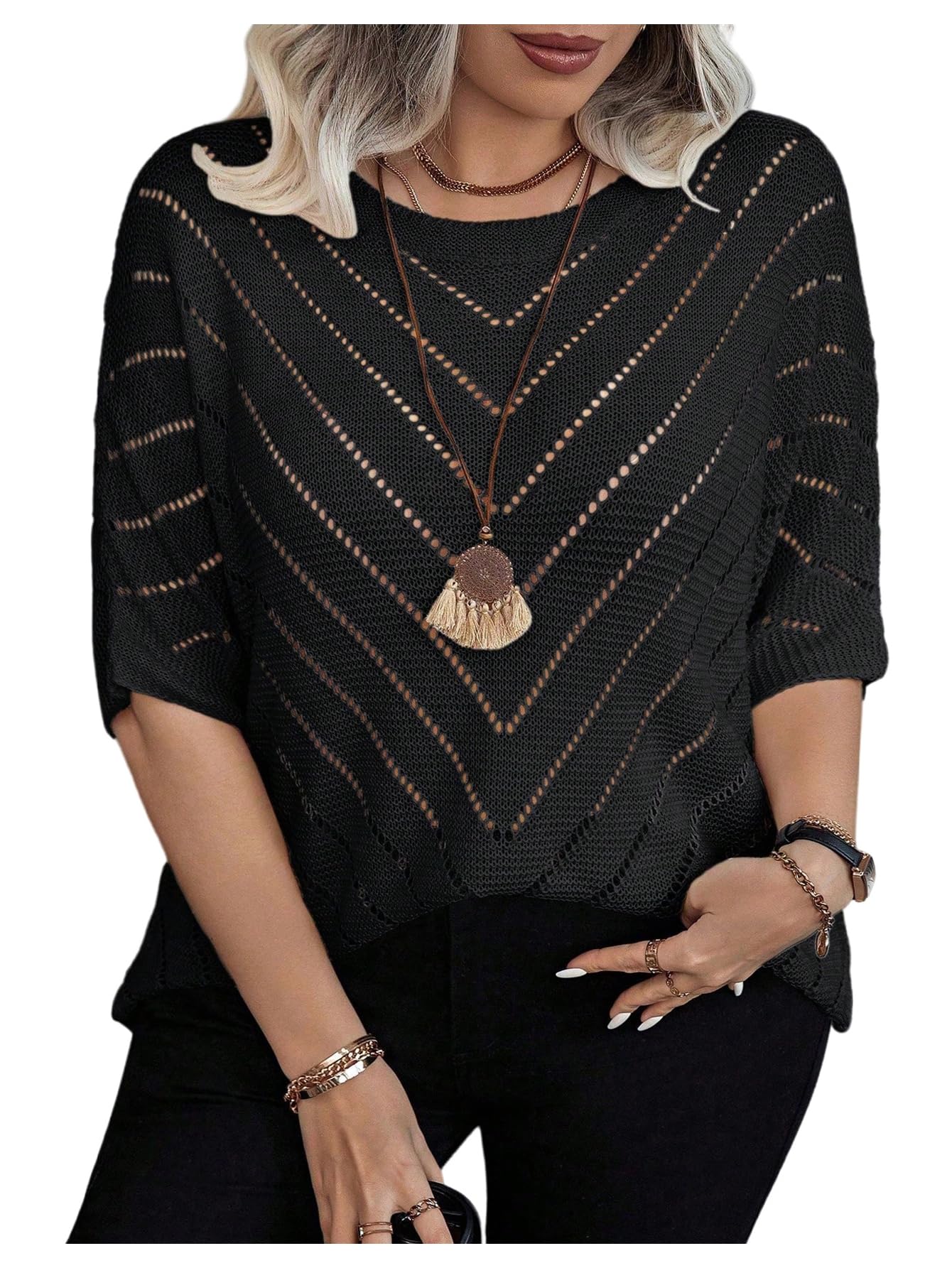 Womens Plus Size Crochet Sweater Hollow Out Lightweight Sweater Crew Neck Half Sleeve Summer Spring Autumn Knit Top