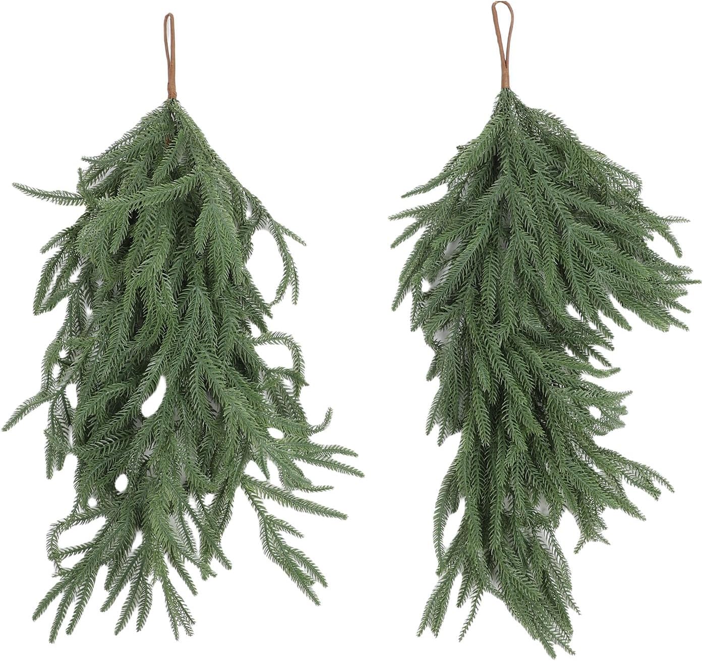 2PCS Artificial Christmas Teardrop Swag, Faux Pine Needles Teardrop Door Swag, Christmas Norfolk Greenery Teardrop Wreath for Xmas Door Table Mantle Fireplace Indoor Outdoor
