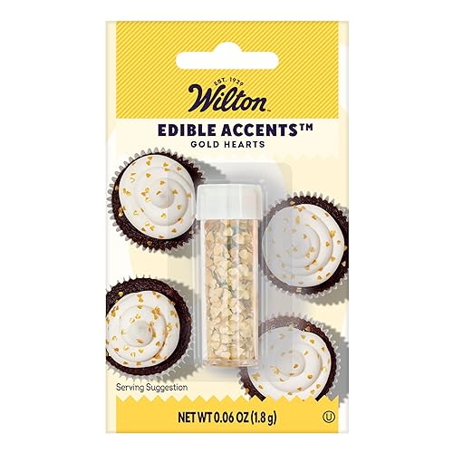Wilton Acentos comestibles de corazón, decoraciones doradas brillantes para cupcakes, galletas y postres, 0.06 onzas, dorado