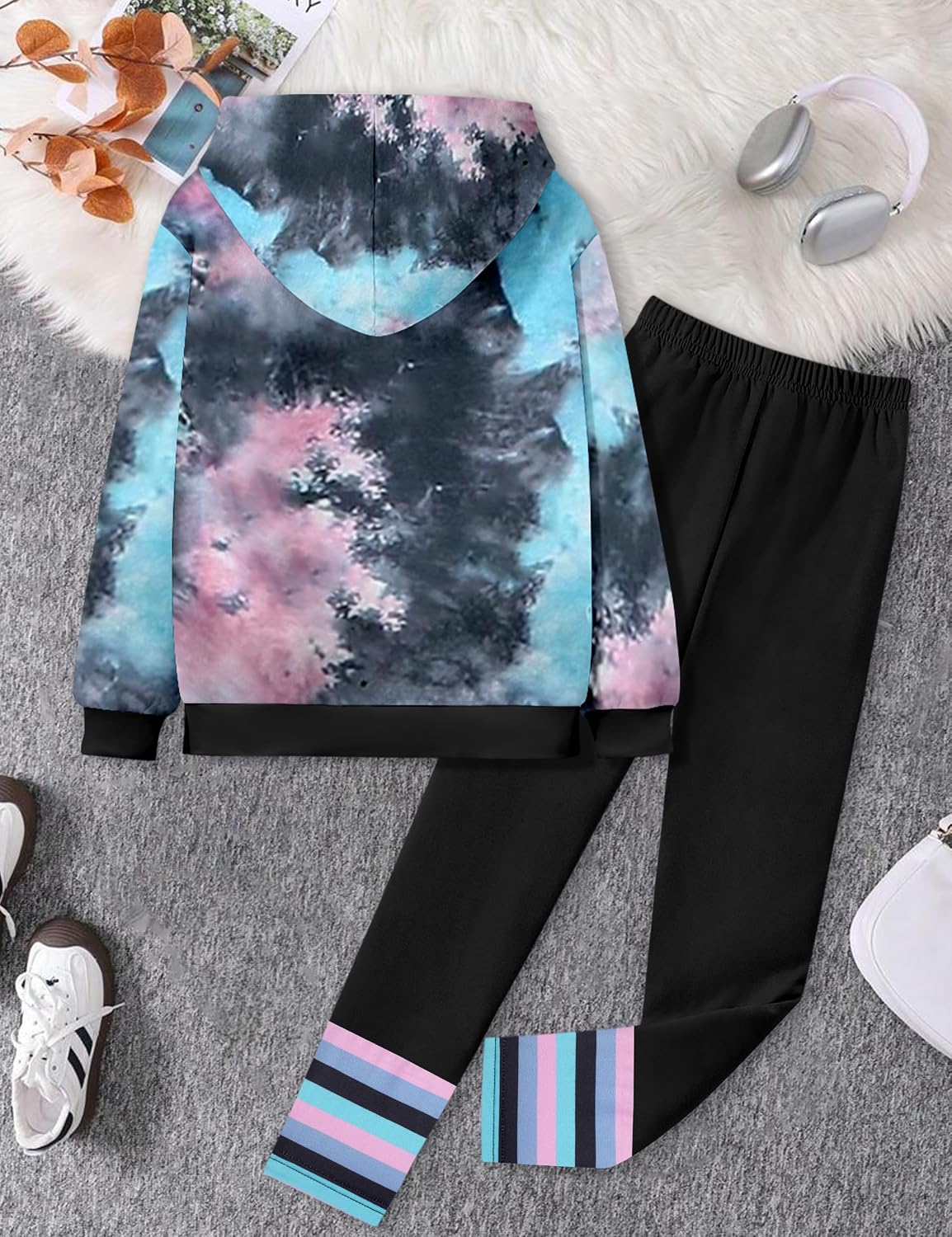 Qaoerde Girls Clothes Long Sleeve Tie Dye Hoodie Sweatshirt Tops and Leggings Sweatpants 2 Piece Fall Winter Outfits 6-12Y
