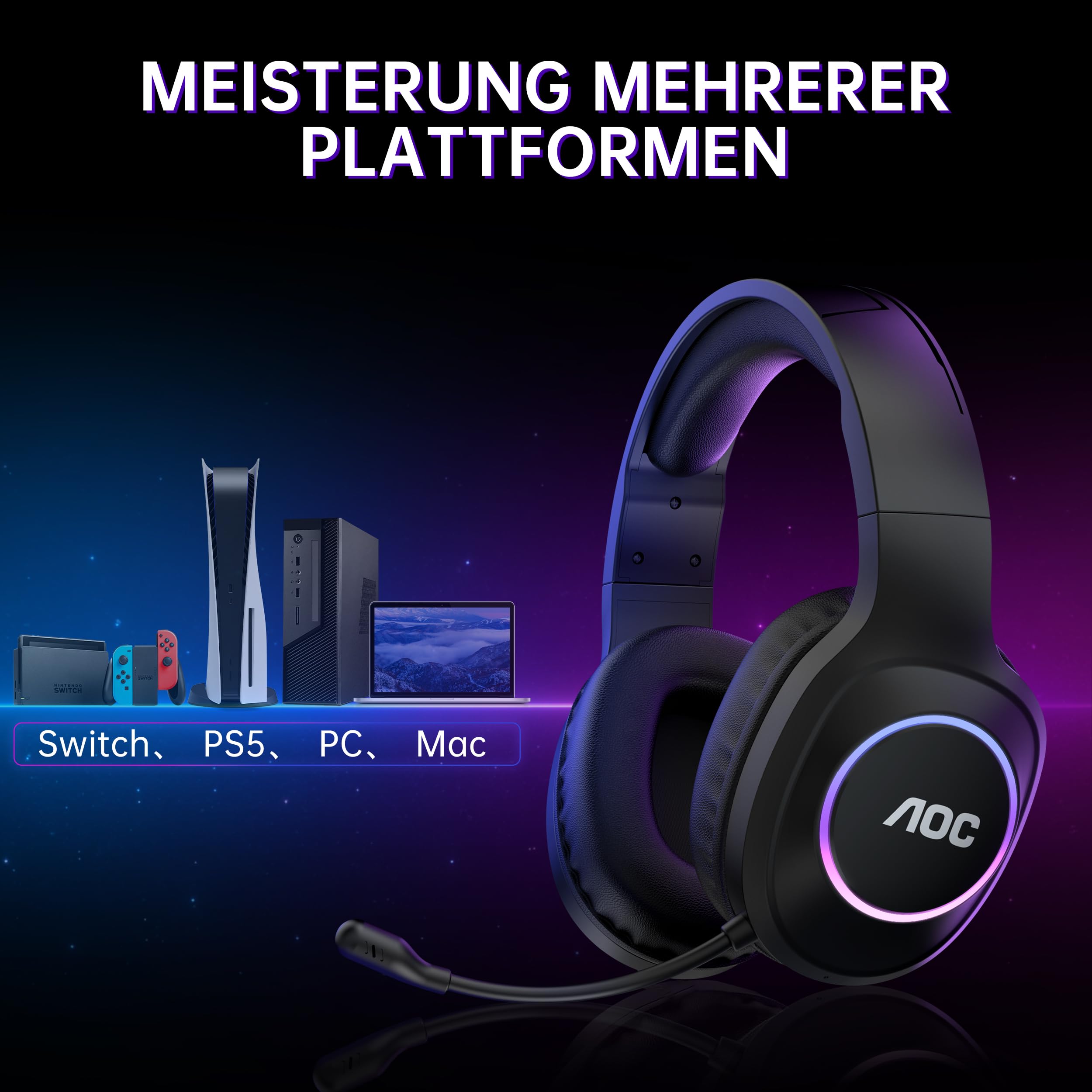 AOC Gaming Headset kabellos 2,4 GHz Wireless Bluetooth 5.4 7.1 Surround Sound Noise Cancelling Mikrofon 239 g 45 Std. Akku