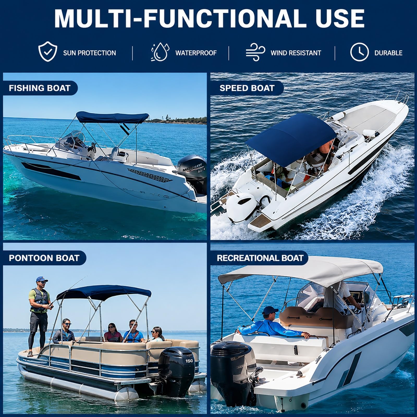 Tendalino Bimini a 3 Archi per Barca, Tessuto Oxford 650D Impermeabile con Protezione UPF50+, Copertura Barche con Struttura in Alluminio per Pesca, Pontone