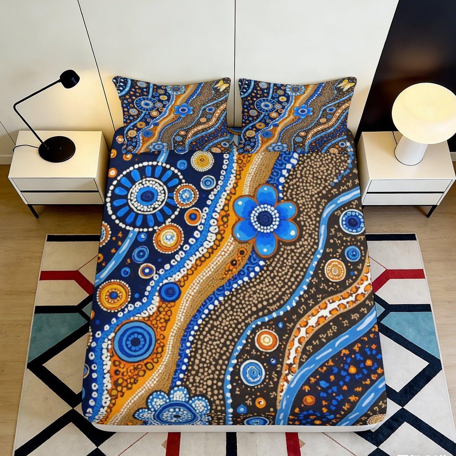 3D Printed Aboriginal Dot Art Fitted Sheet Microfiber Soft Breathable Boho Waves Mattress Cover for Bedroom Dorm Decor, Easy Care 90x200x25cm