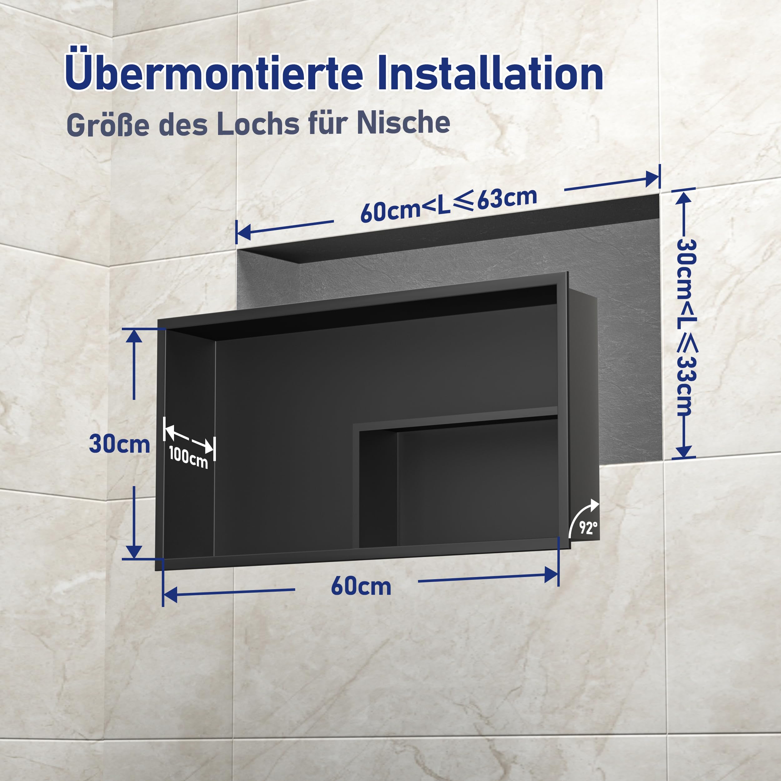 Nicho de ducha de acero inoxidable, 60 x 30 x 10 cm, sin necesidad de baldosas, doble estantes de pared, estante de ducha empotrado para almacenamiento de baño, color negro, estilo 1
