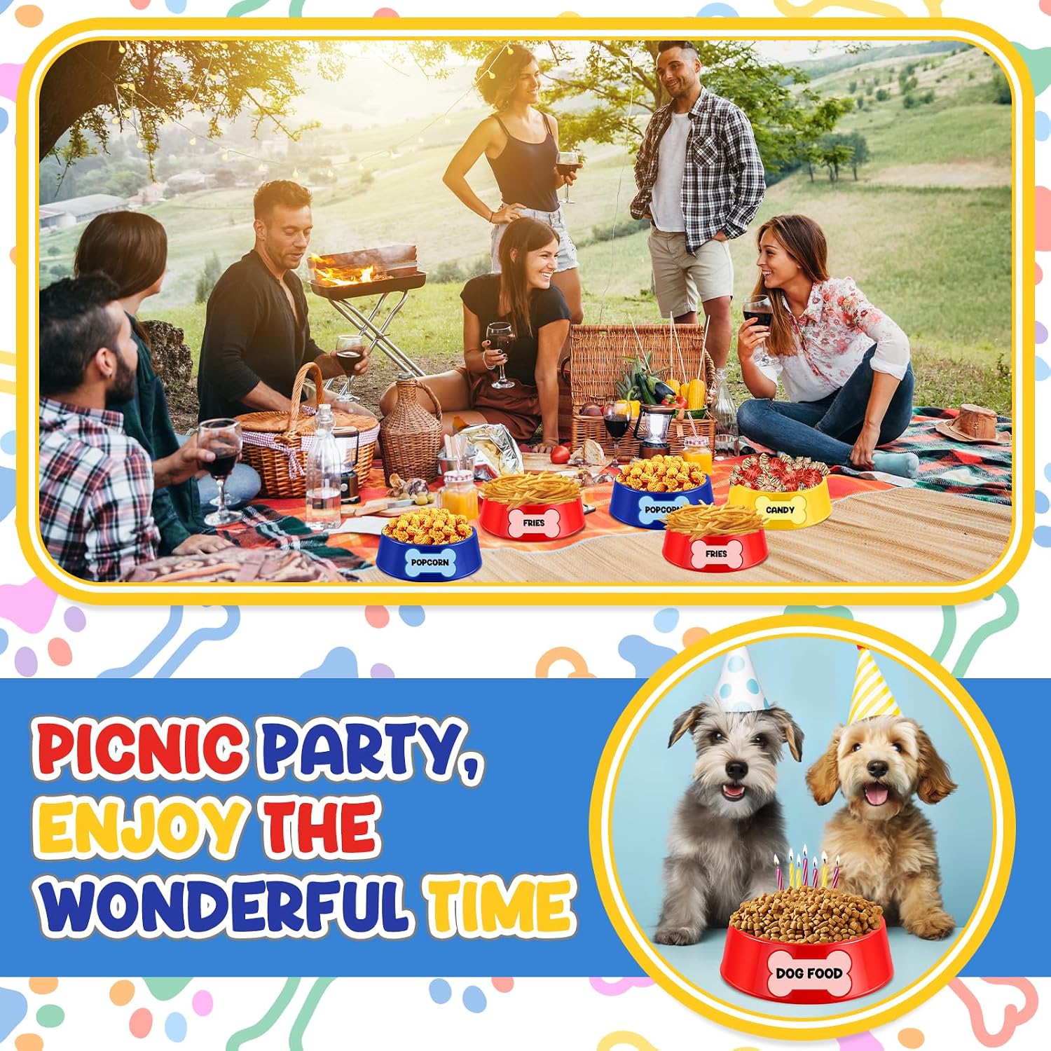 Demonwer 12 Set Dog Paw Plastic Bowls Dog Birthday Party Supplies Red Blue and Yellow Food Trays with Bone Cards for Table Dog Puppy Party Decorations