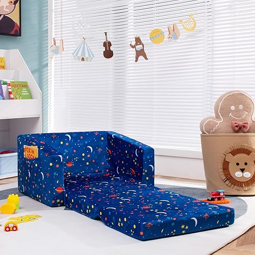 Miniatura 27 de Costzon Sofá para niños, sofá infantil abierto 2 en 1 con tela de terciopelo, bolsillos de almacenamiento, reposabrazos para niños pequeños, cama