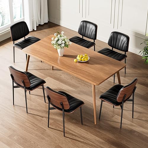 Miniatura 5 de Juego de 2 sillas de comedor, modernas sillas tapizadas de piel sintética de mediados de siglo con respaldo de madera curvada de nogal y patas de