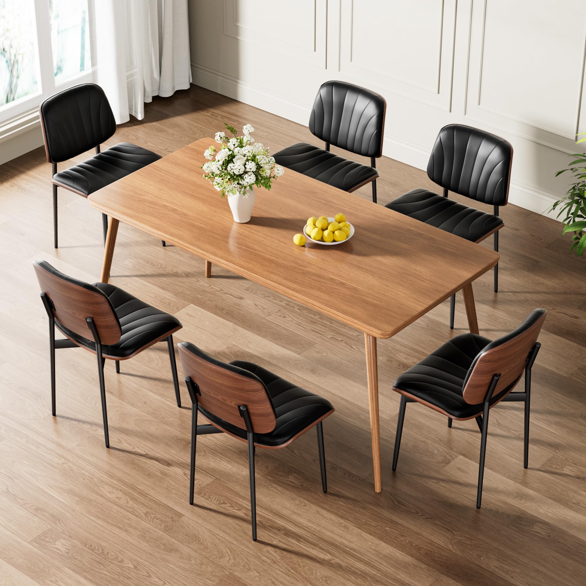 REONEY Dining Chairs Set of 6, Mid-Century Modern Upholstered PU Leather Chairs with Walnut Bentwood Back and Metal Legs Adjustable Feet for Kitchen