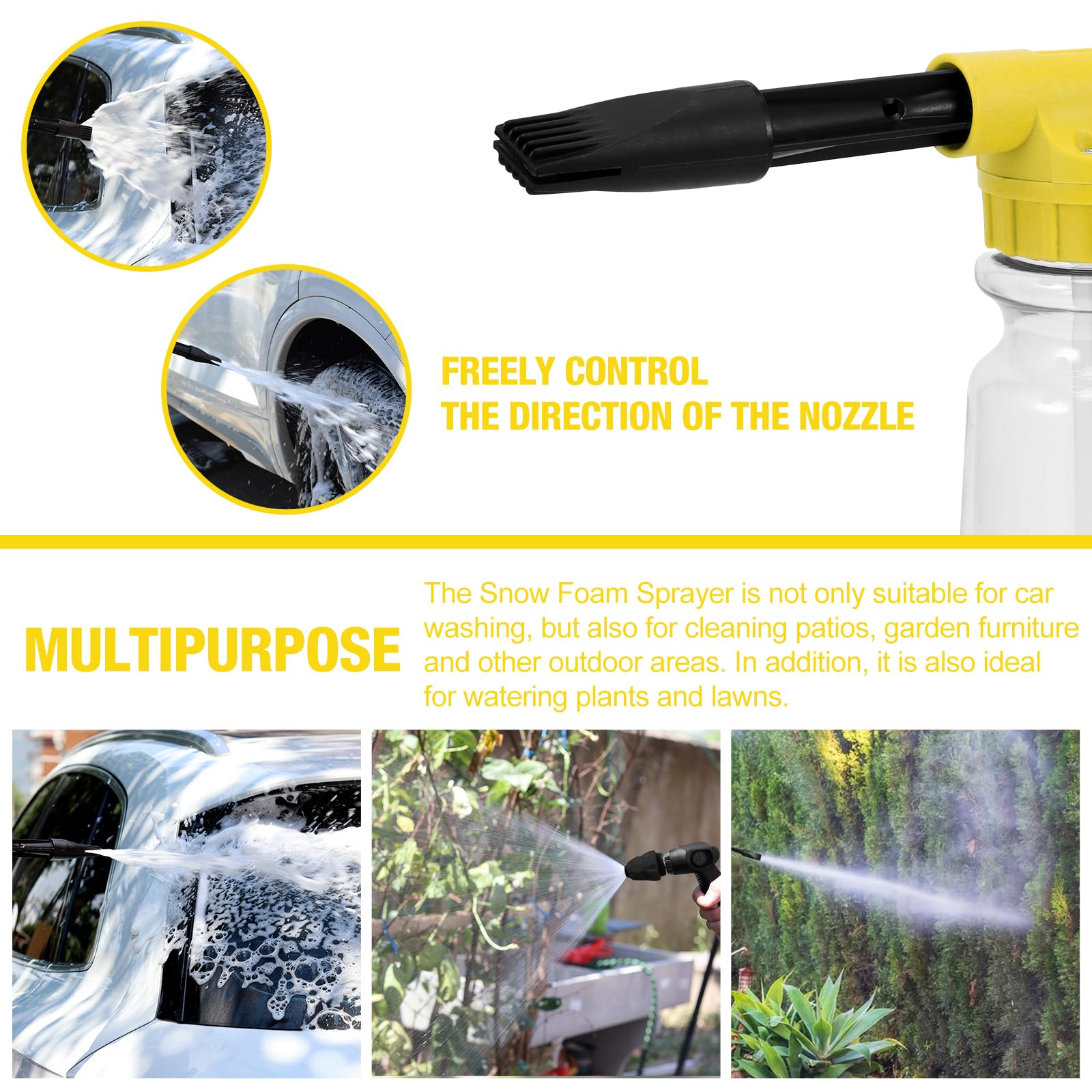 Foam Gun Car Wash 1000ml, 2 in 1 Lancia Schiuma Regolabile, Pistola Schiuma per Pulizia Auto Cannone Schiuma Attacco Tubo da Giardino per Pulizia Auto e Moto Giardini (Giallo)
