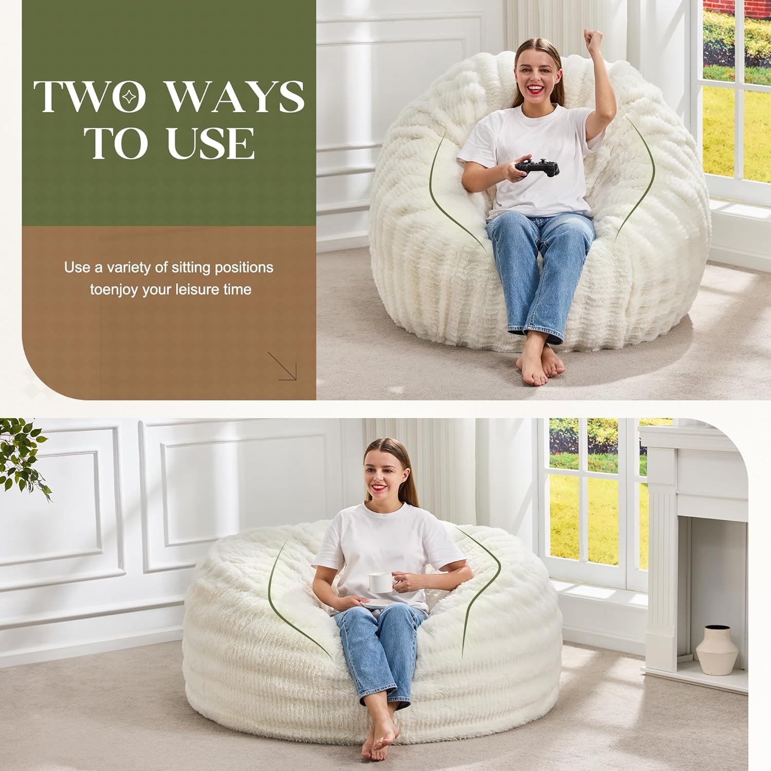 Hobestluk Bean Bag Chairs Beanbag Chair with Filler Adult Bean Bags with Fluffy Ripple Cover, Giant Bean Bag Chairs for Adults (White, 5FT - 50" x 50" x 24")