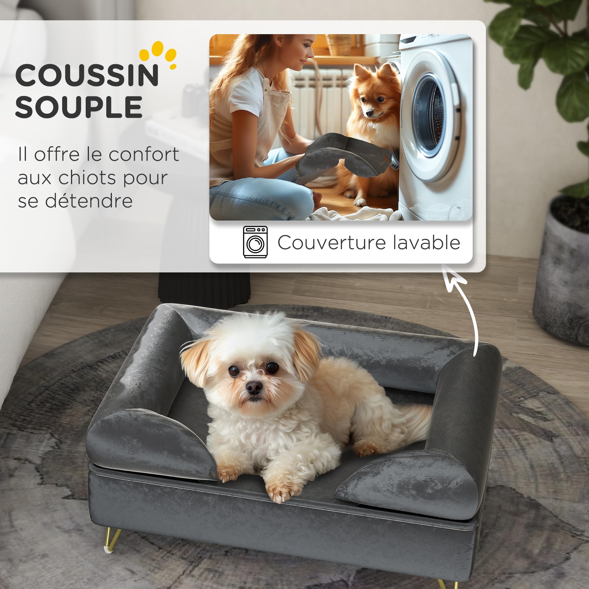 PawHut Canapé pour Chien et Chat, Pieds Métal, Velours, Housse Lavable, 76 x 53,5 x 34 cm, Gris